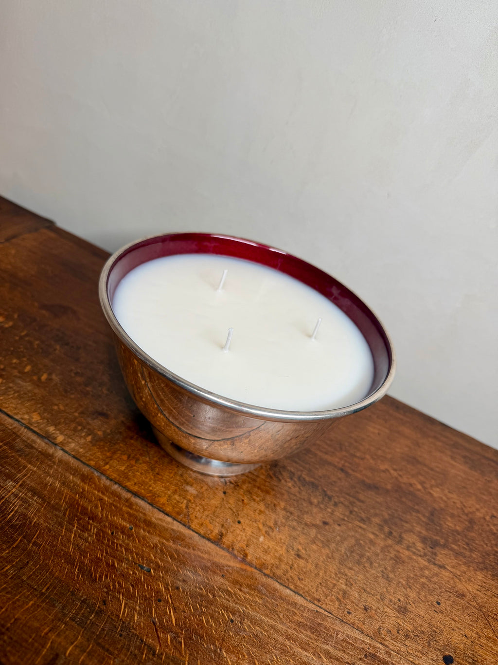 Vintage Silver-Plated Bowl with Ruby Red Enamel Interior