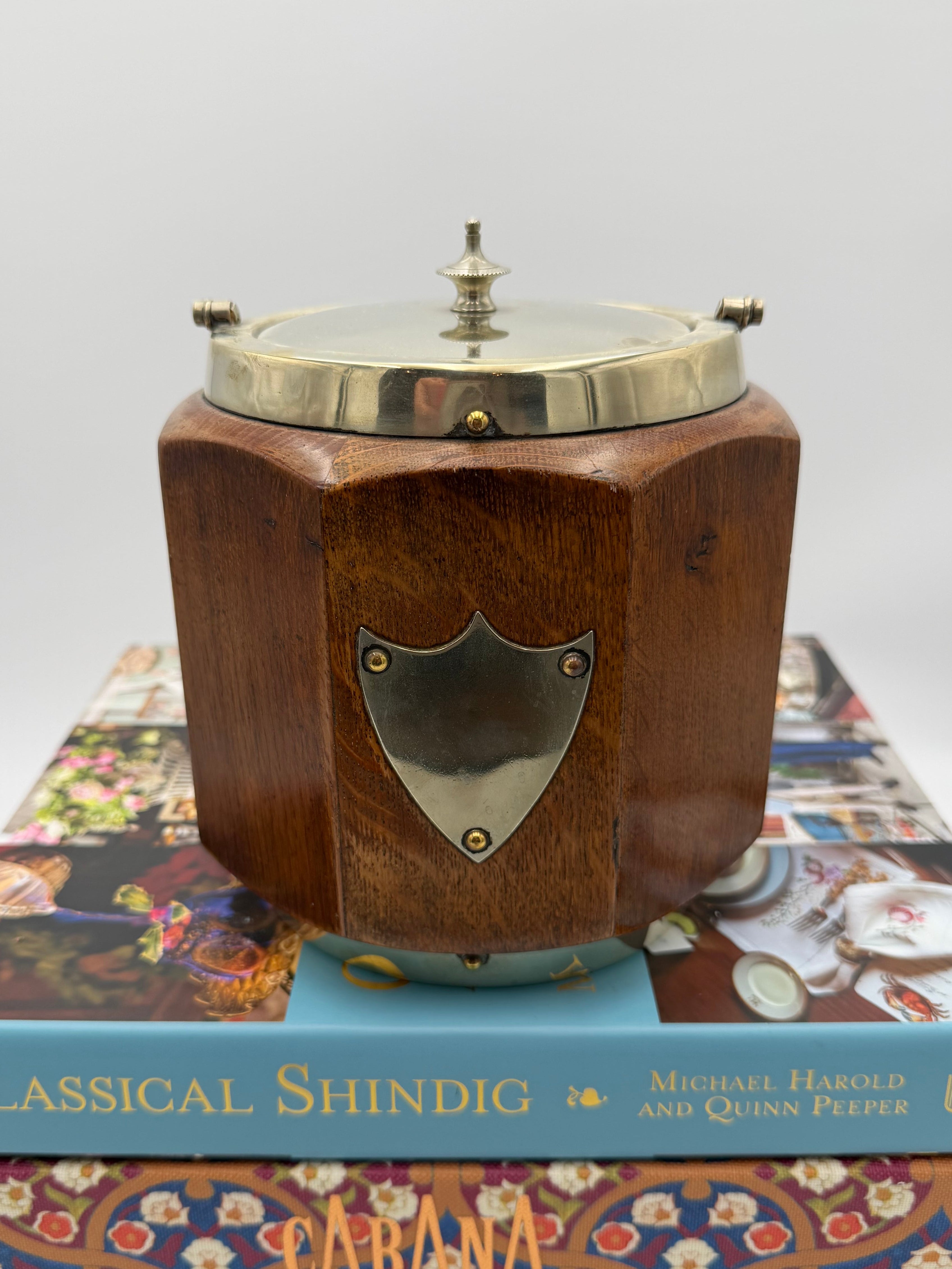 Rare Antique Octagonal Oak and Silver-Plated Biscuit Barrel