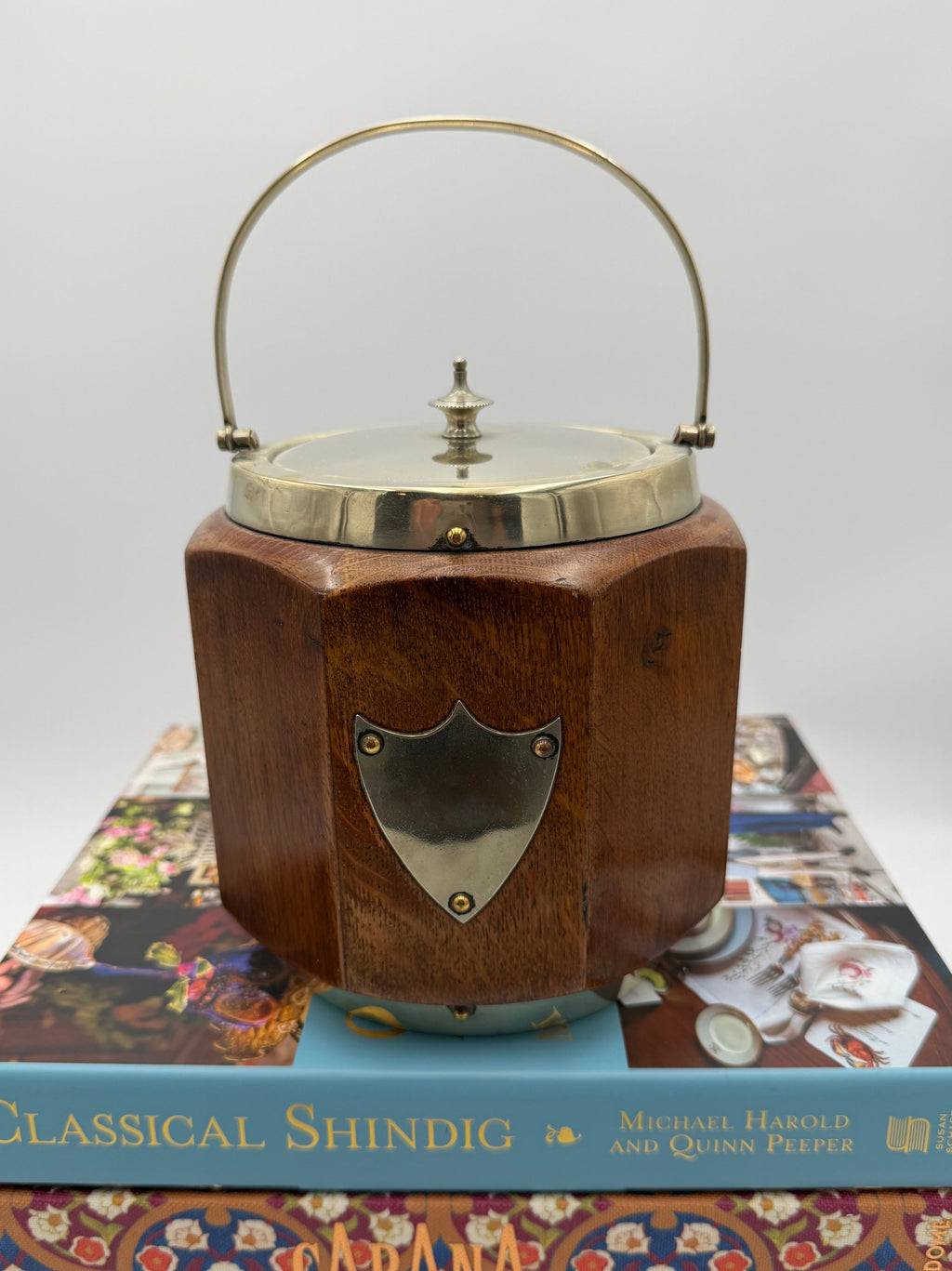 Rare Antique Octagonal Oak and Silver-Plated Biscuit Barrel