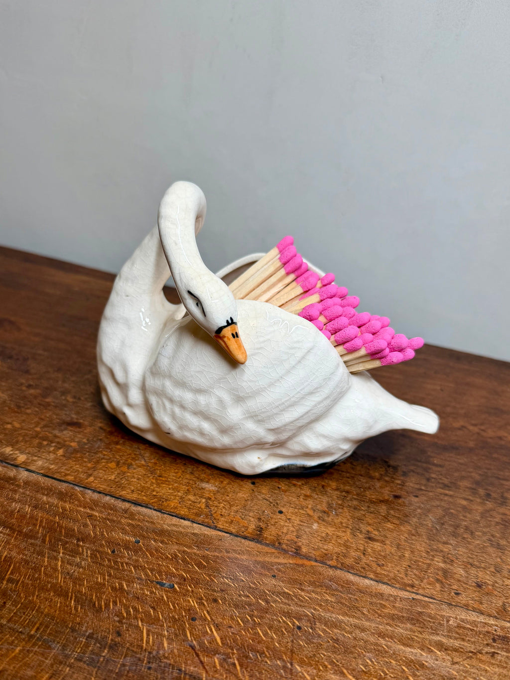 Vintage Hand Painted Ceramic Swan Match Holder with Hot Pink Matches