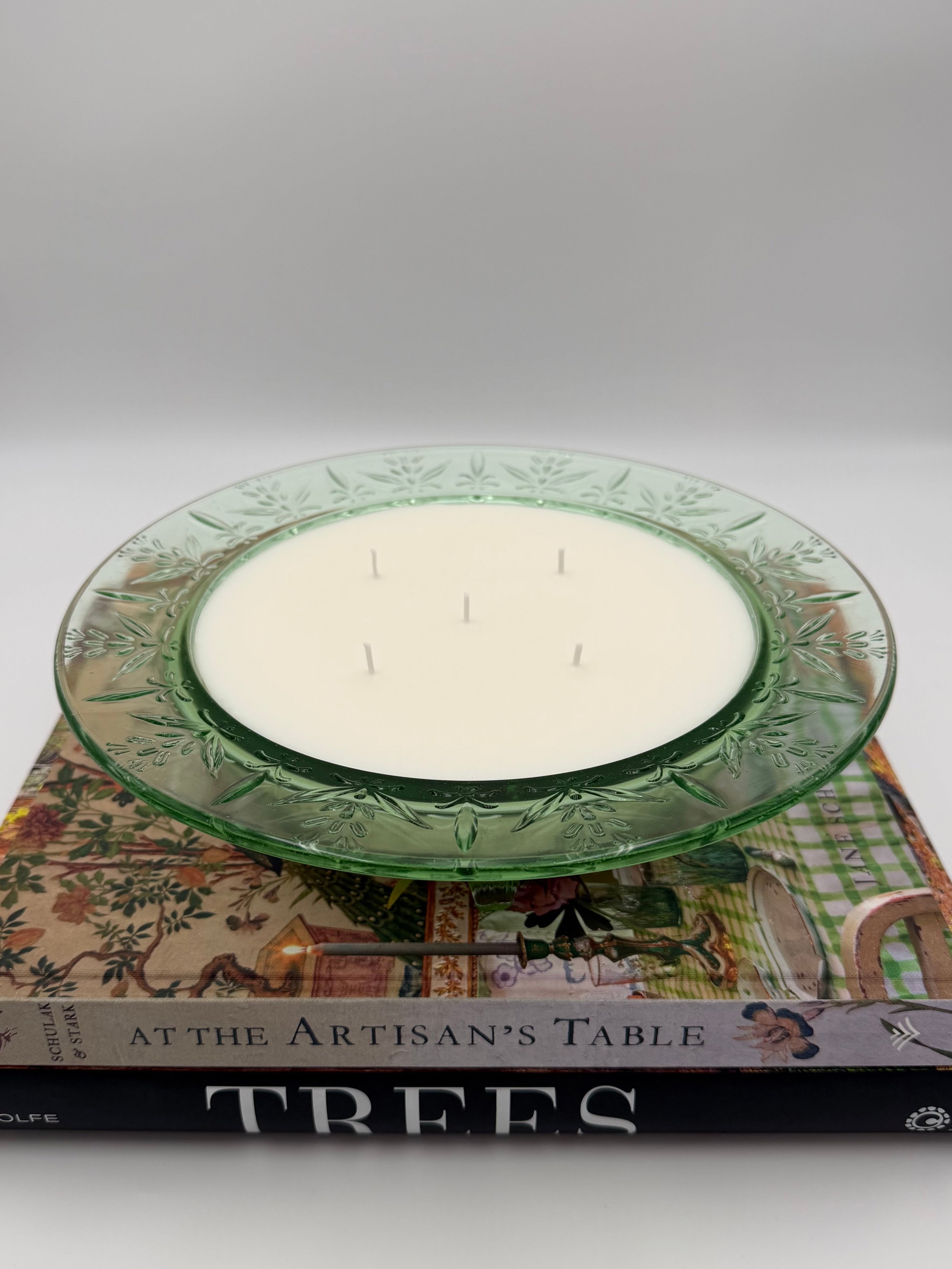 Antique Vaseline Rose and Thorn Green Glass Footed Bowl