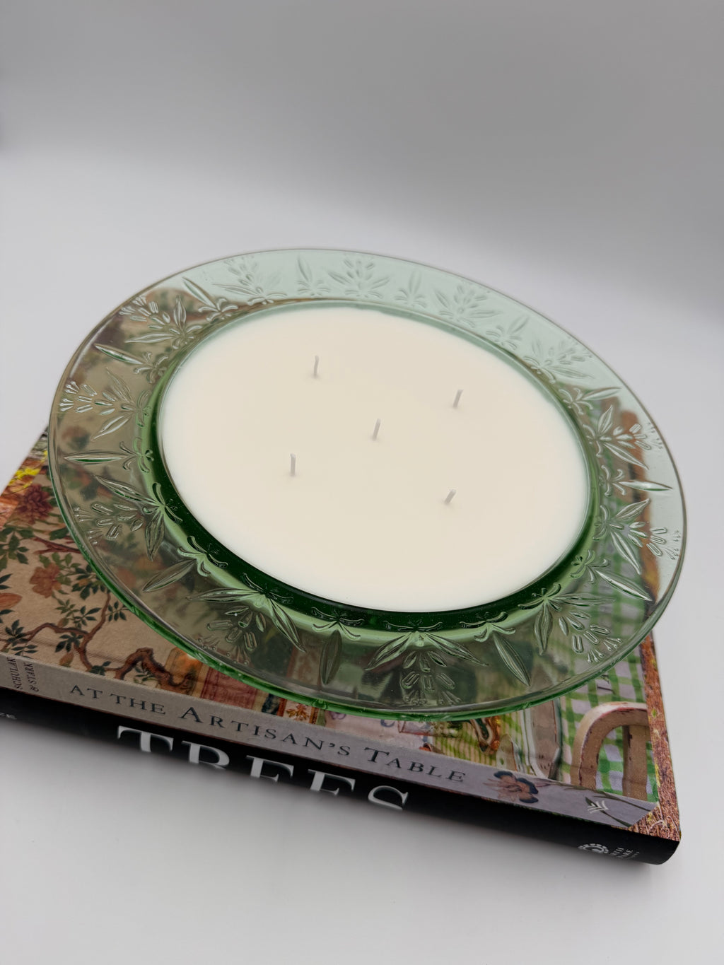 Antique Vaseline Rose and Thorn Green Glass Footed Bowl