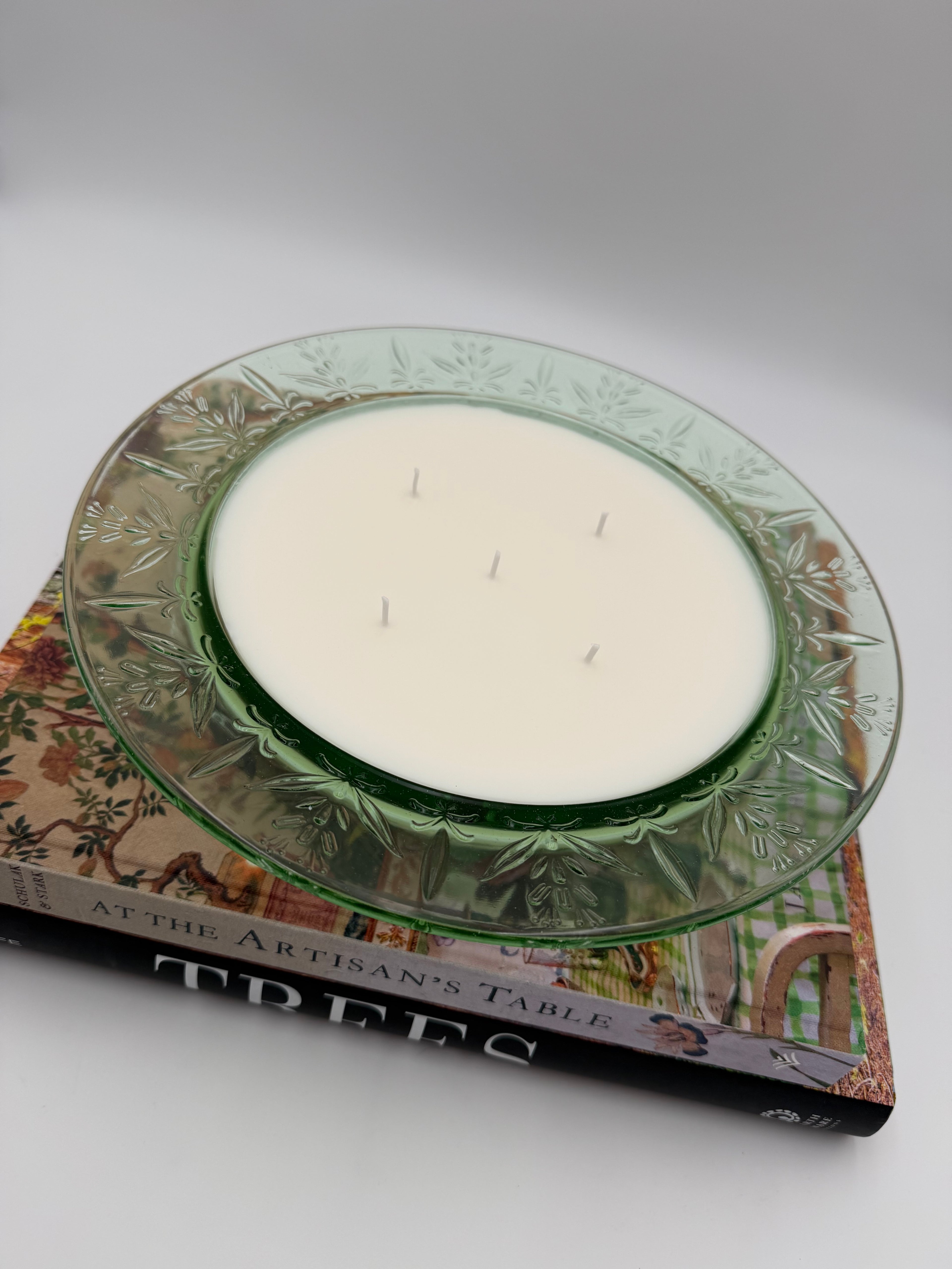 Antique Vaseline Rose and Thorn Green Glass Footed Bowl
