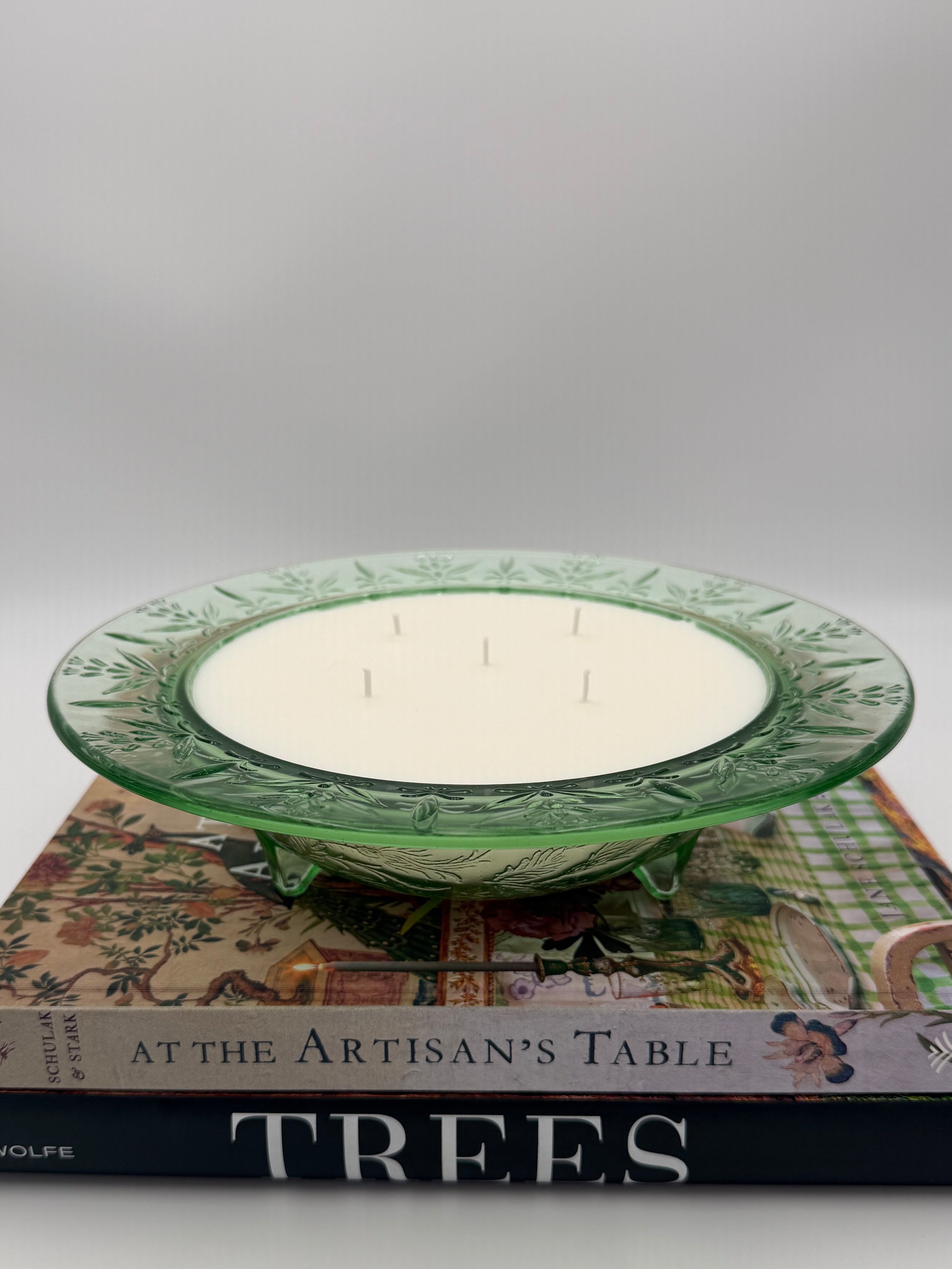 Antique Vaseline Rose and Thorn Green Glass Footed Bowl