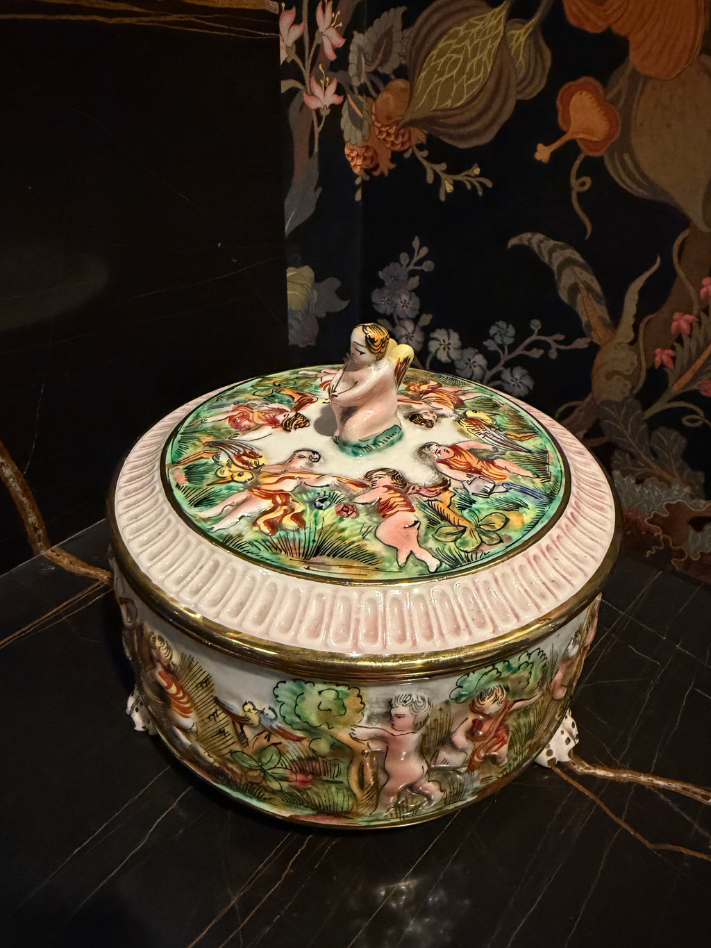 Vintage Capodimonte Footed Trinket Box with Angel Lid