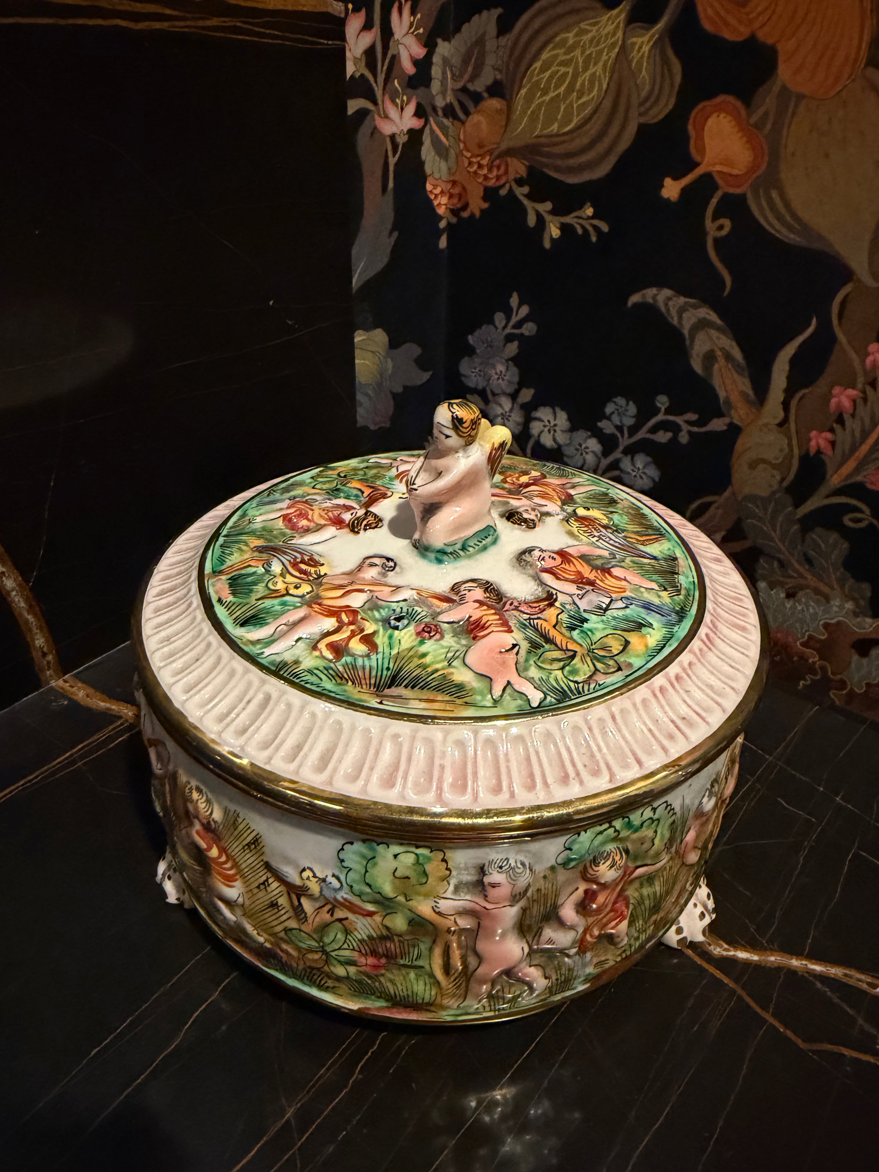 Vintage Capodimonte Footed Trinket Box with Angel Lid