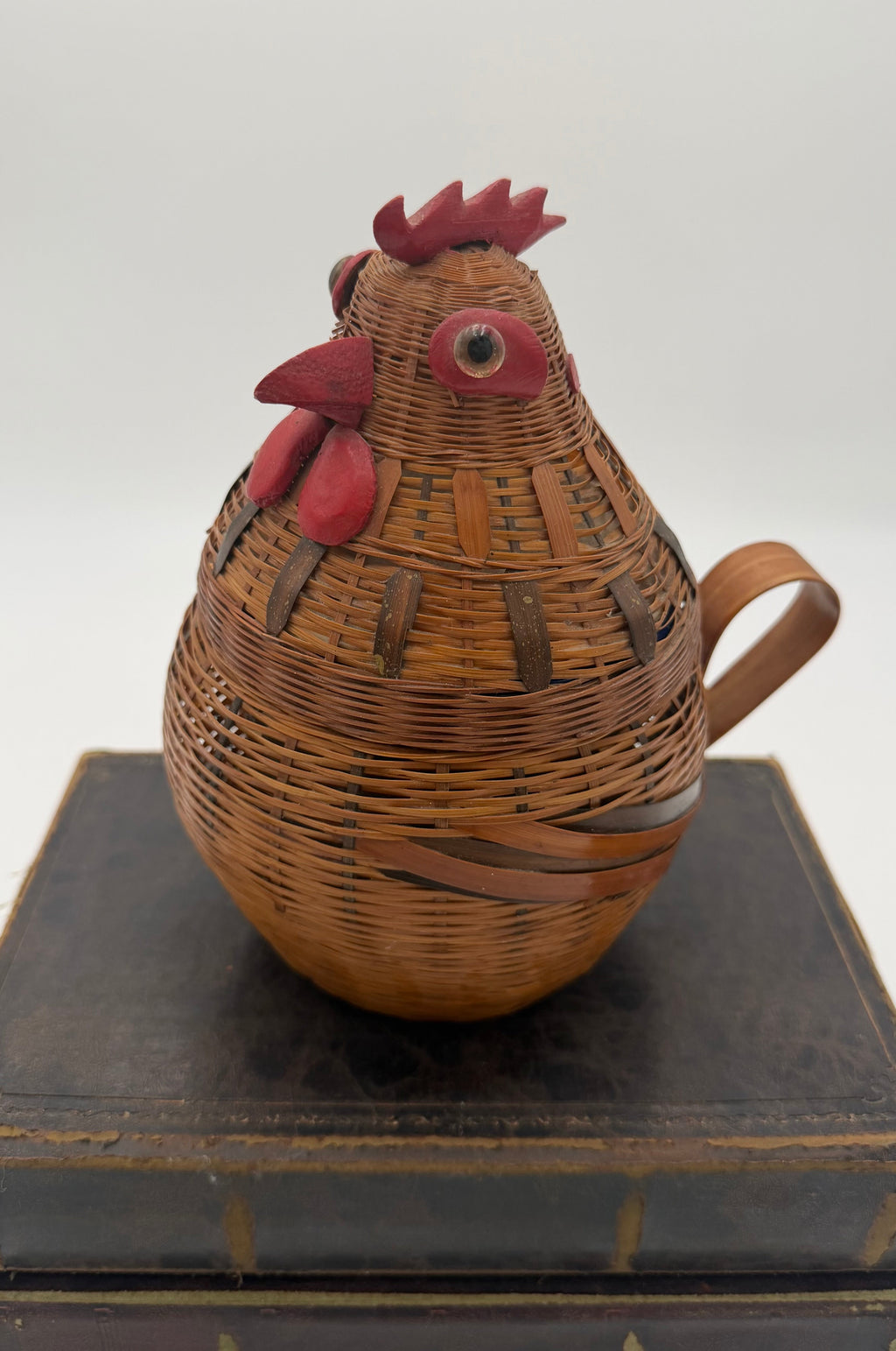 Vintage Folk Art Rattan Wicker Rooster Basket with Enamel Interior