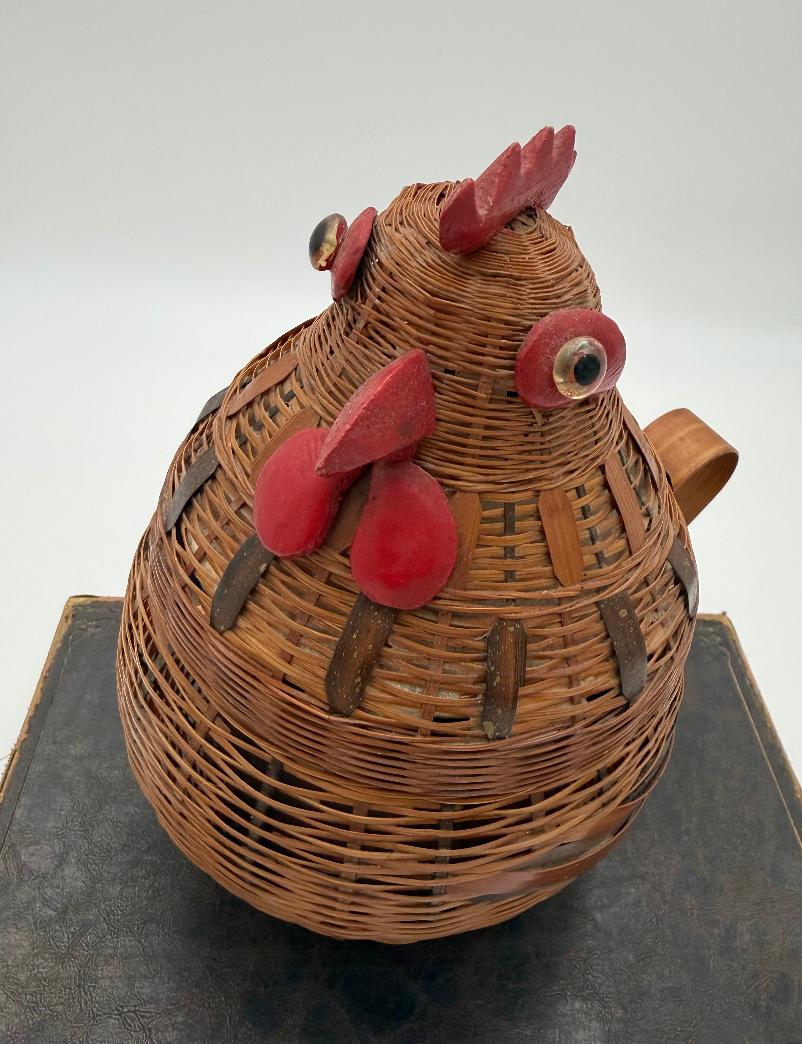 Vintage Folk Art Rattan Wicker Rooster Basket with Enamel Interior