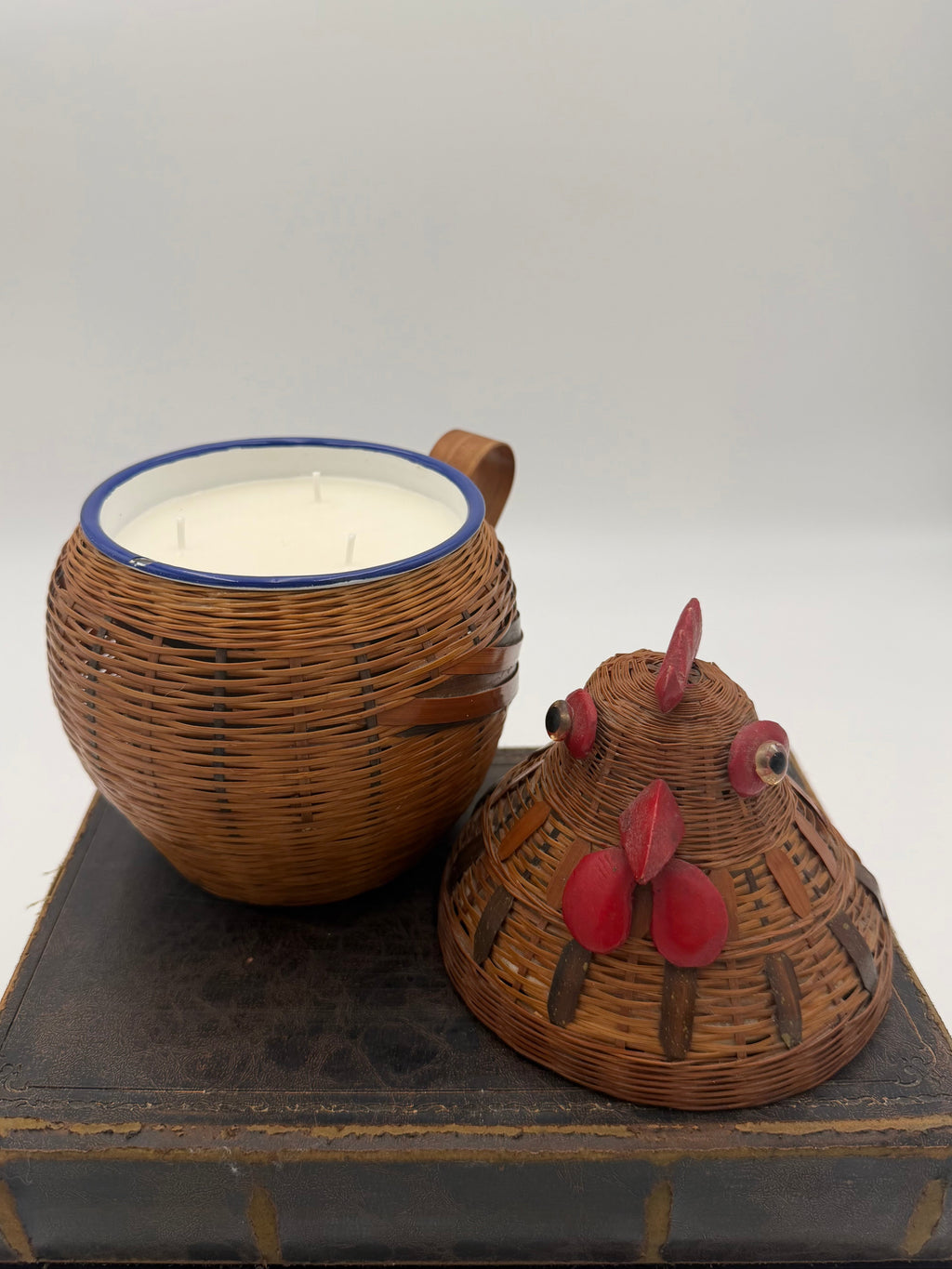 Vintage Folk Art Rattan Wicker Rooster Basket with Enamel Interior