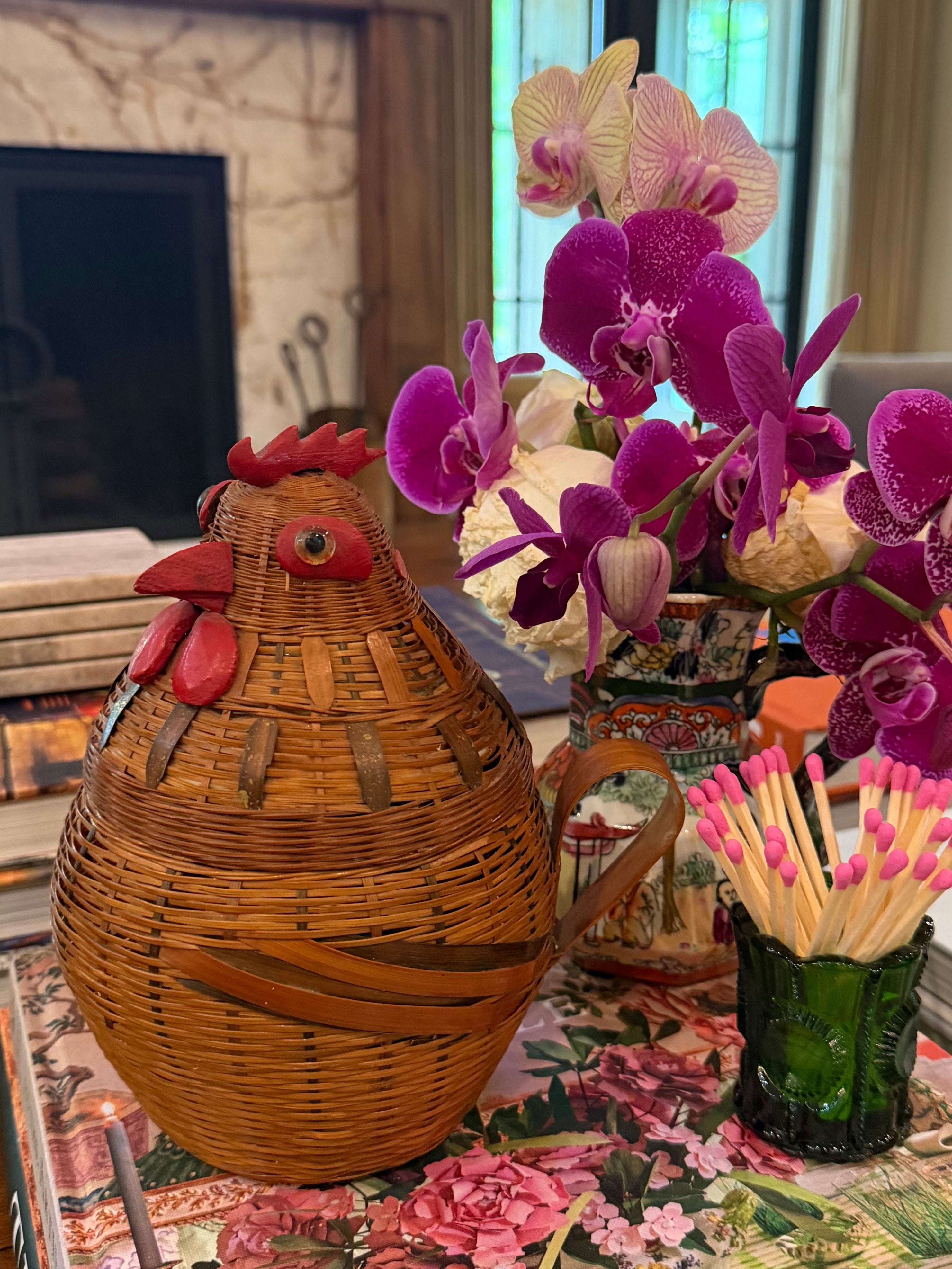 Vintage Folk Art Rattan Wicker Rooster Basket with Enamel Interior