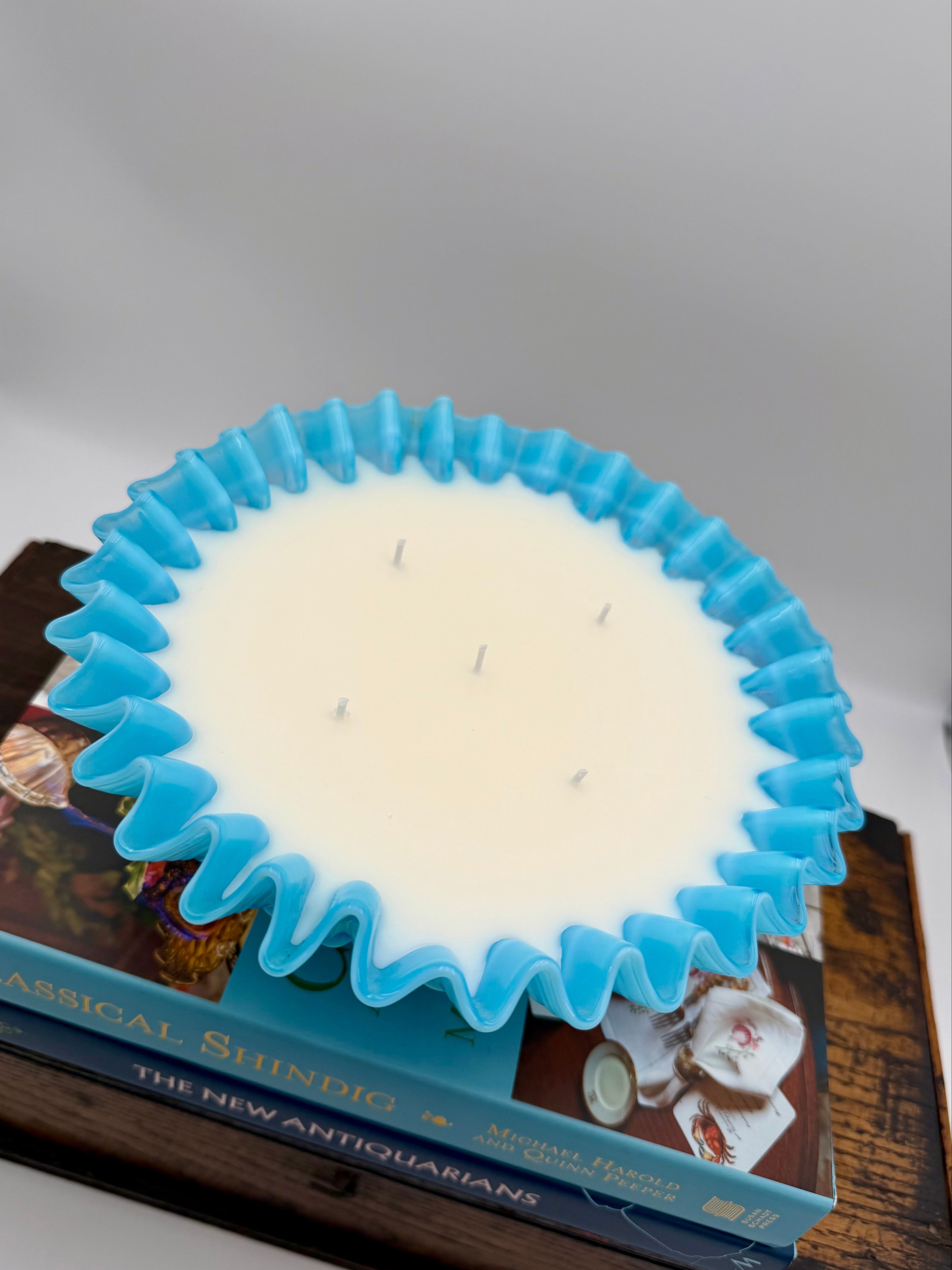 Vintage Fenton Blue Opalessent Hobnail Bowl with Ruffled Edge