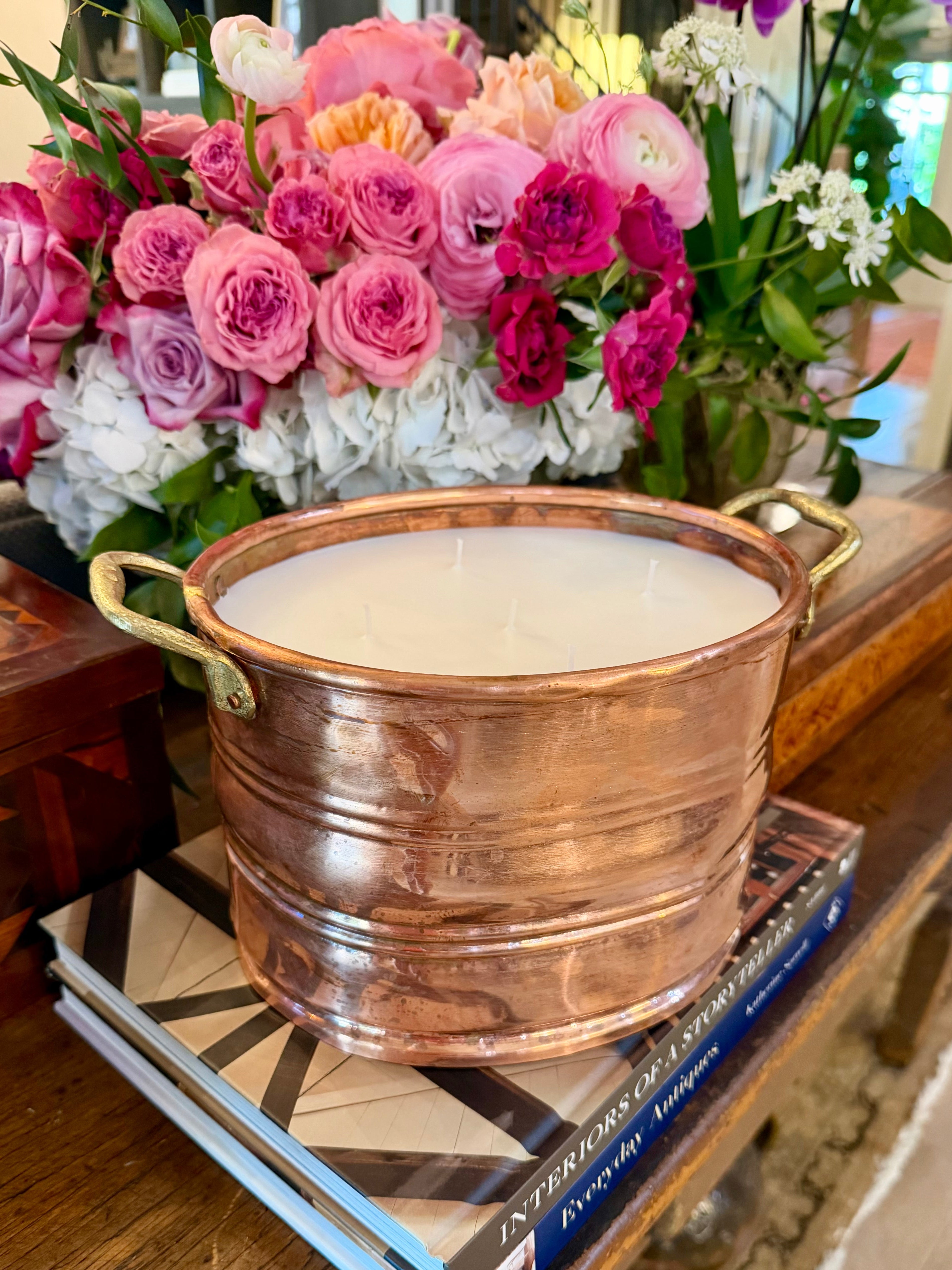 Vintage Copper Oval Riveted Cachepot with Brass Handles