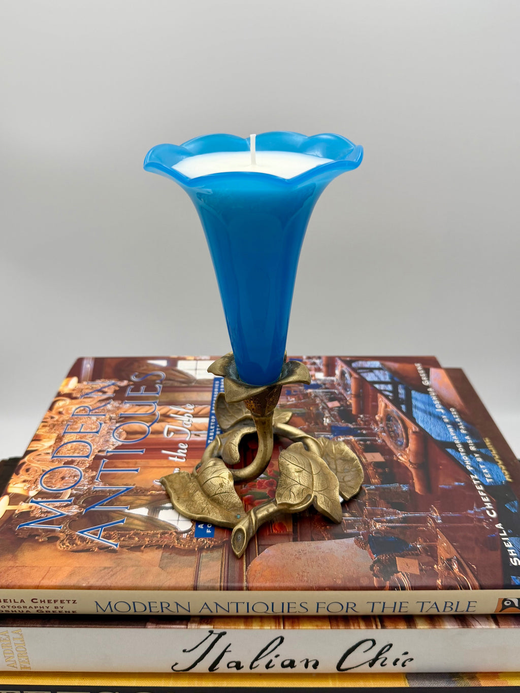 Antique Blue Art Glass Trumpet Vase in Brass Art Nouveau Stand