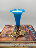 Antique Blue Art Glass Trumpet Vase in Brass Art Nouveau Stand