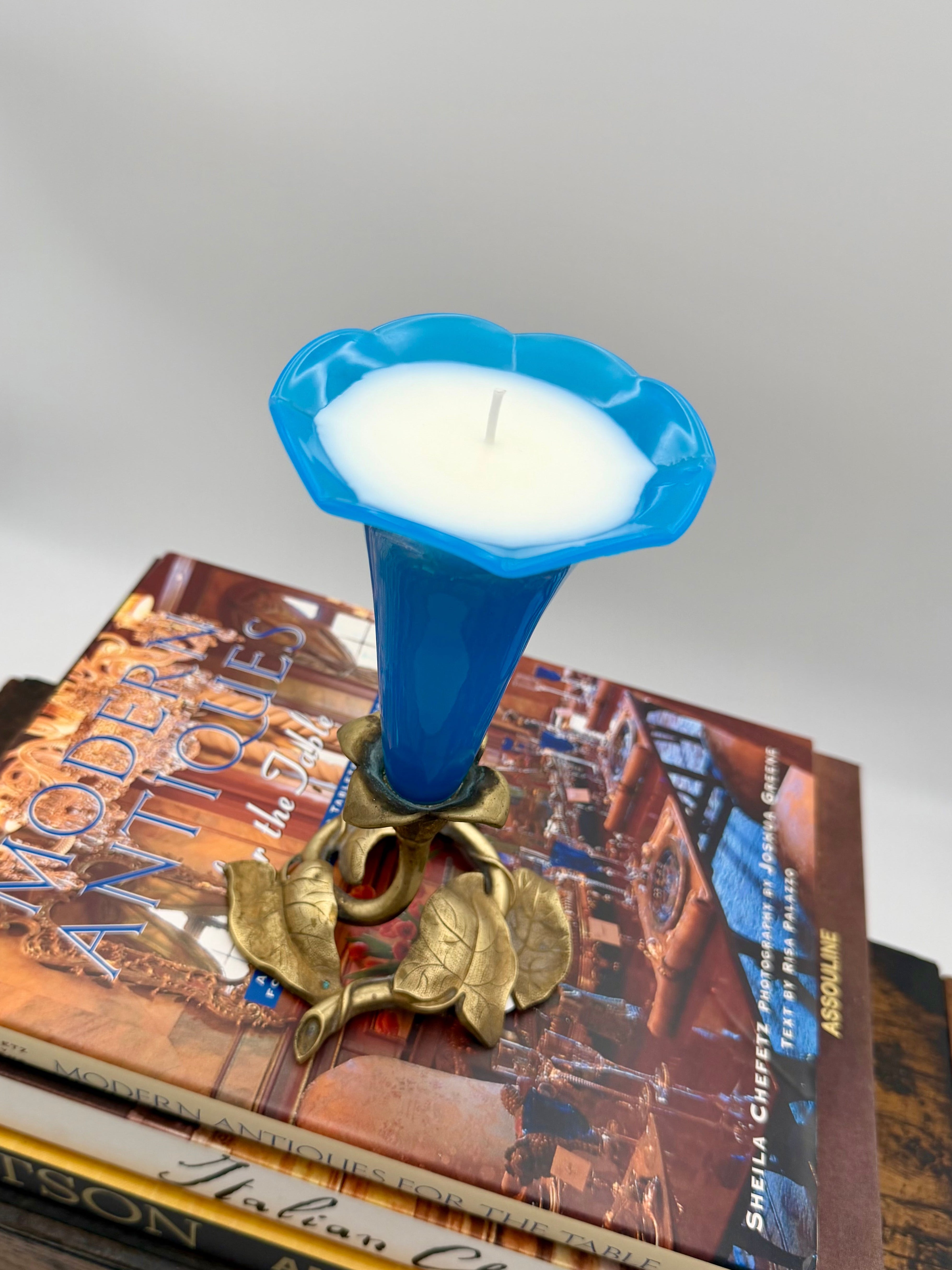 Antique Blue Art Glass Trumpet Vase in Brass Art Nouveau Stand