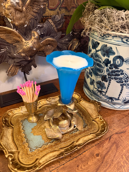 Antique Blue Art Glass Trumpet Vase in Brass Art Nouveau Stand