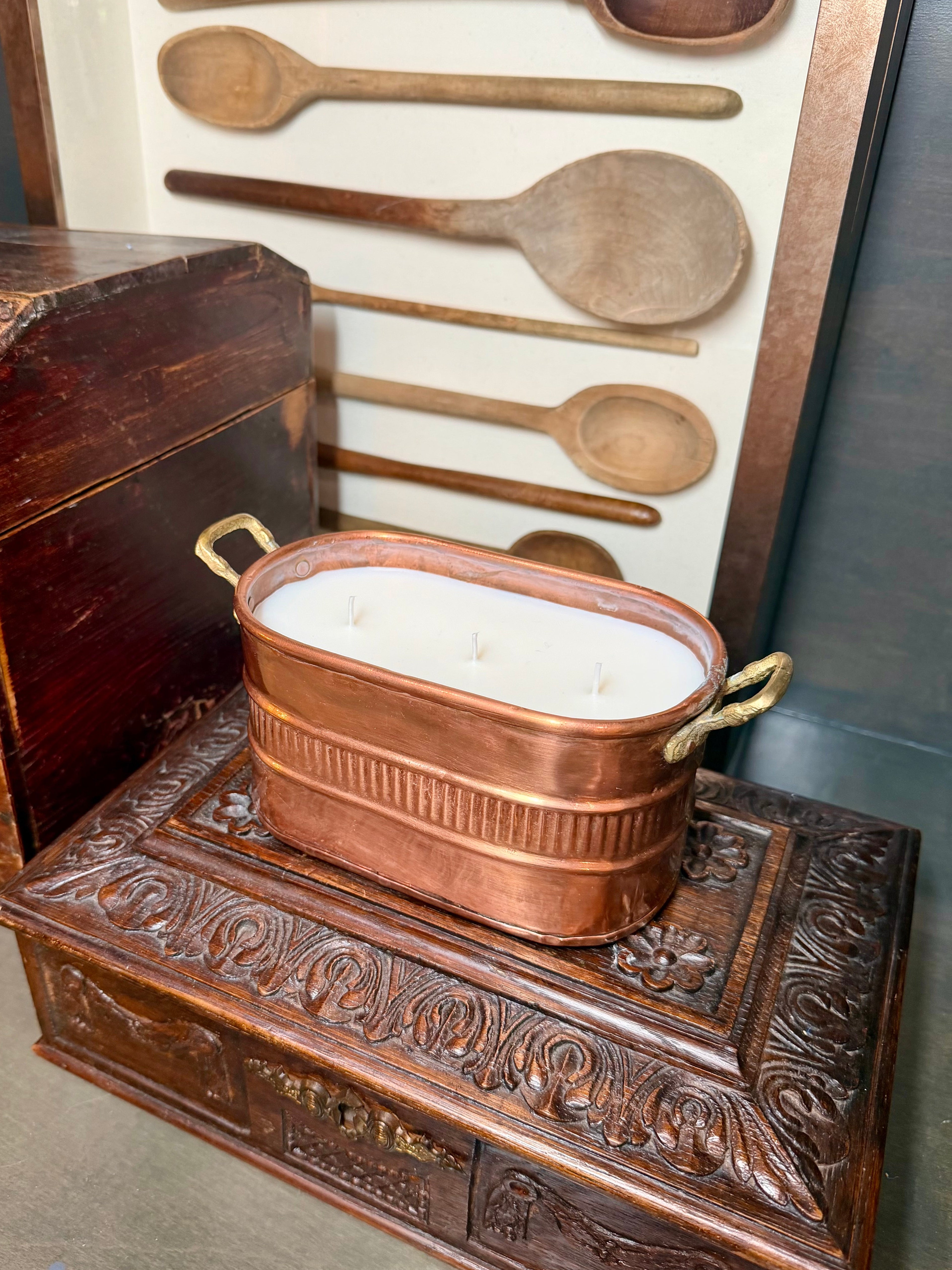 Vintage Copper Oval Cachepot with Brass Handles