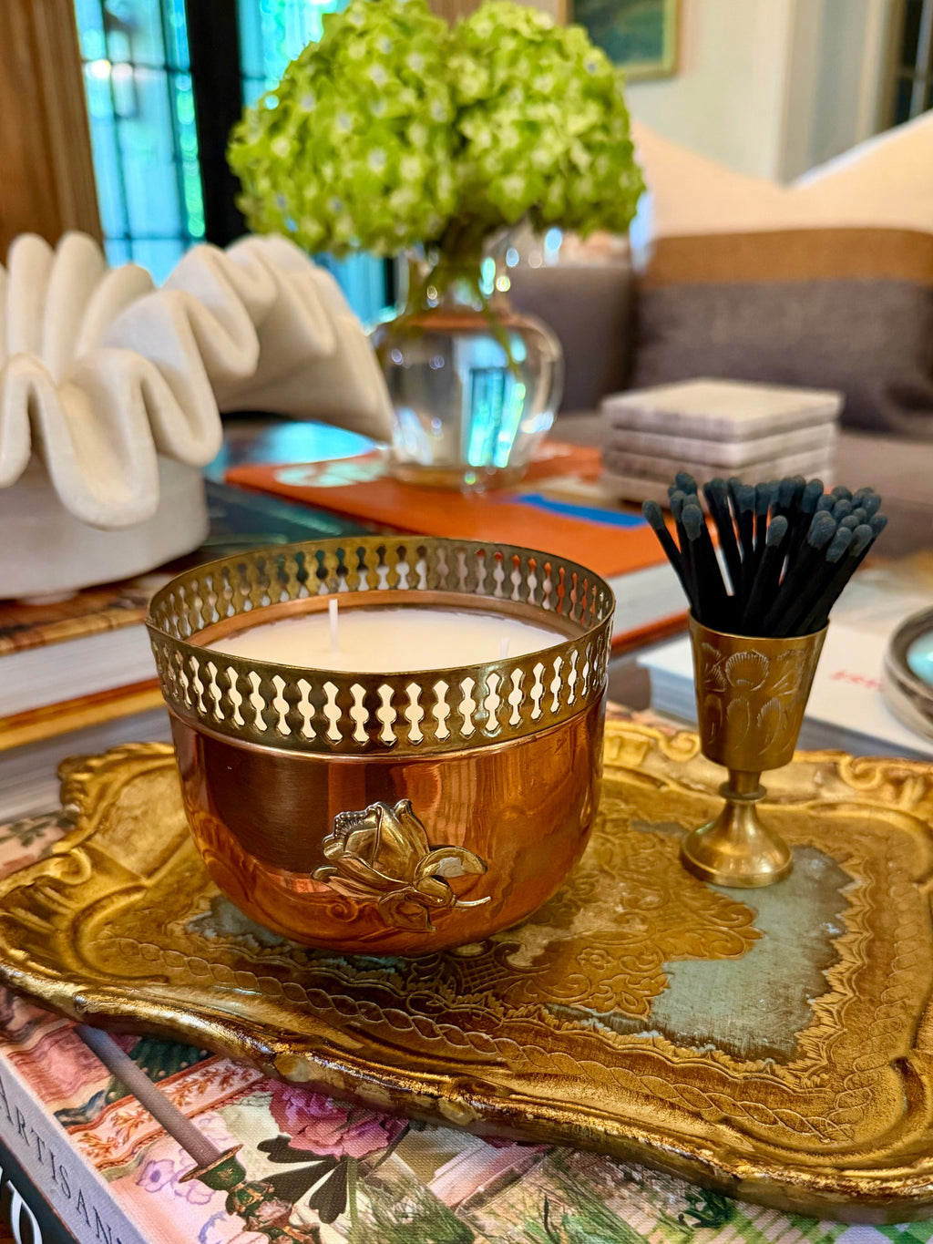 Vintage Copper Jardeniere with Pierced Brass Rim, Feet and Rose Detail