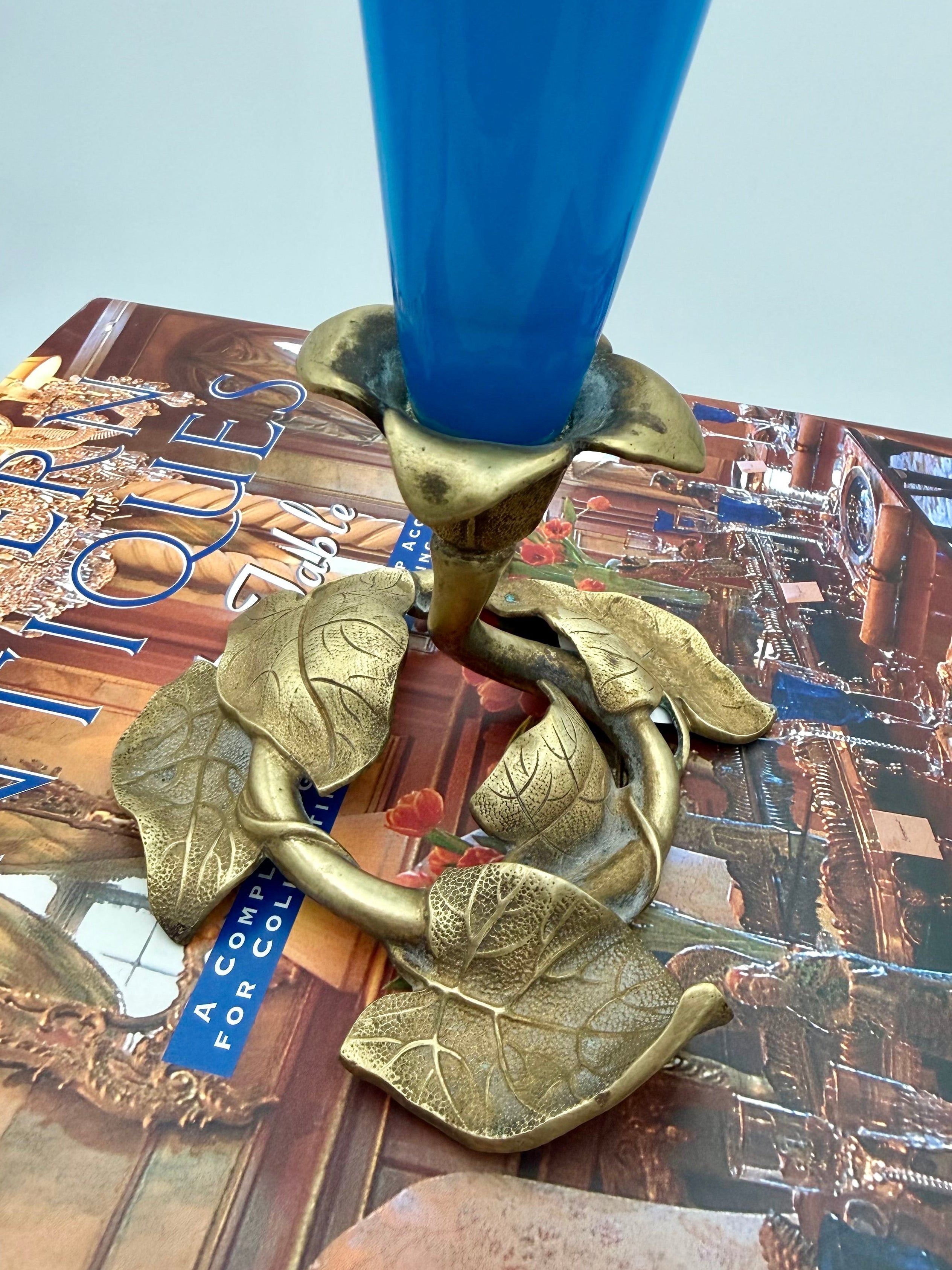 Antique Blue Art Glass Trumpet Vase in Brass Art Nouveau Stand