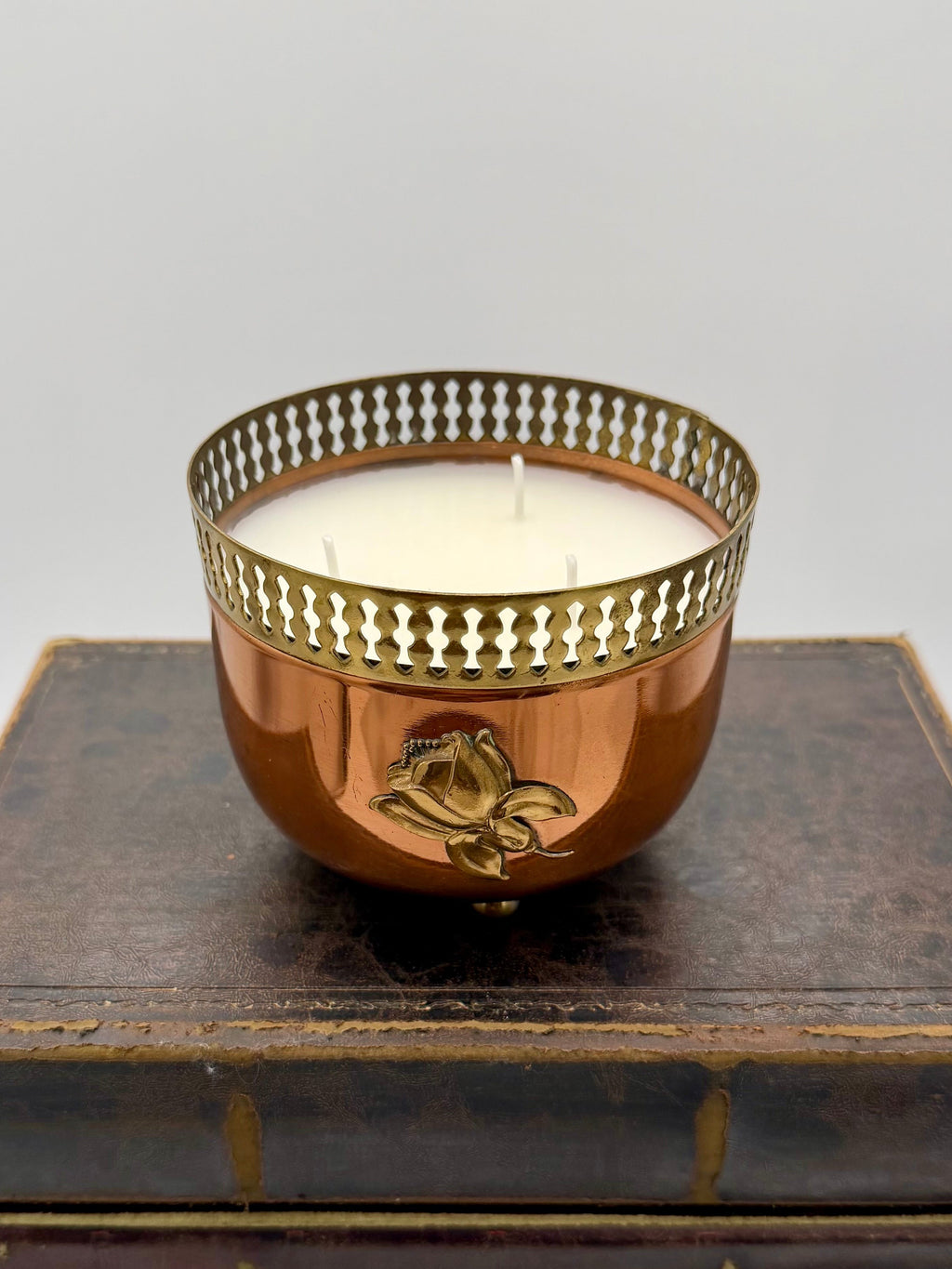 Vintage Copper Jardeniere with Pierced Brass Rim, Feet and Rose Detail
