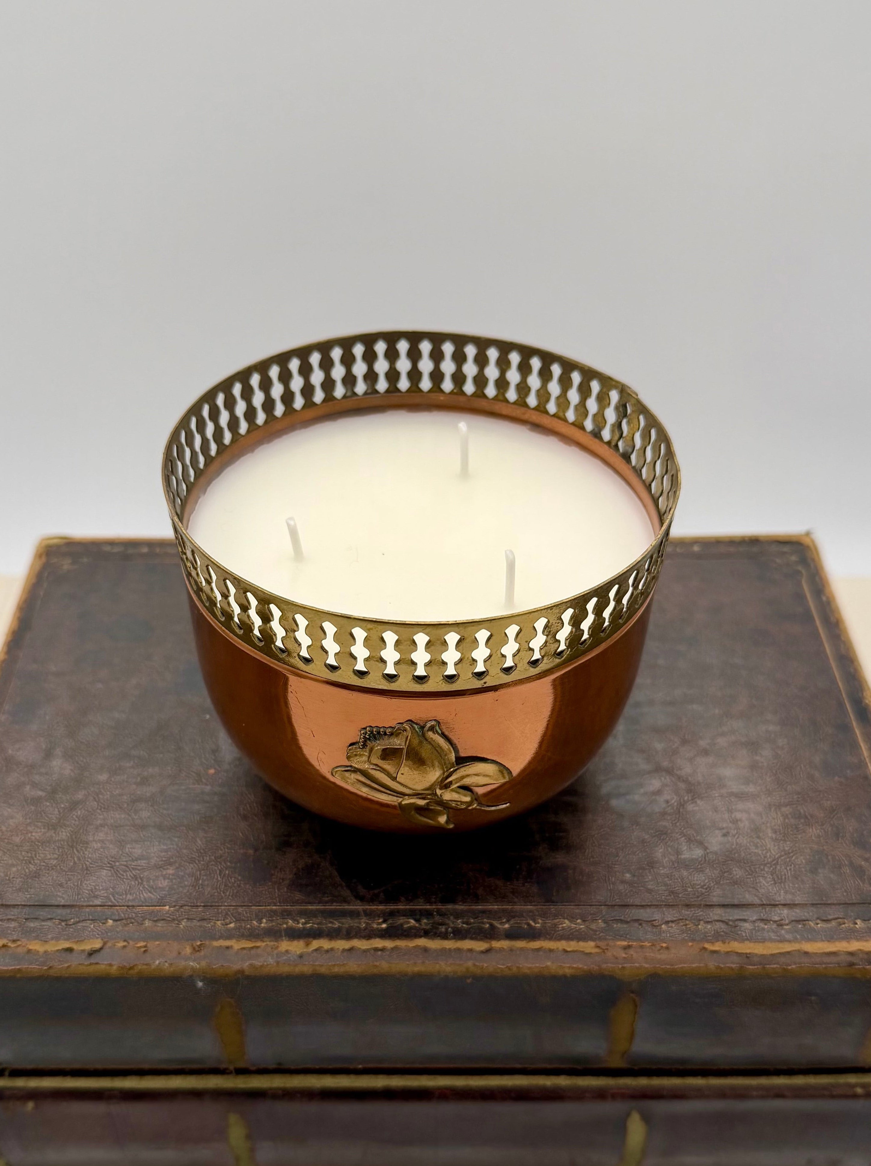 Vintage Copper Jardeniere with Pierced Brass Rim, Feet and Rose Detail