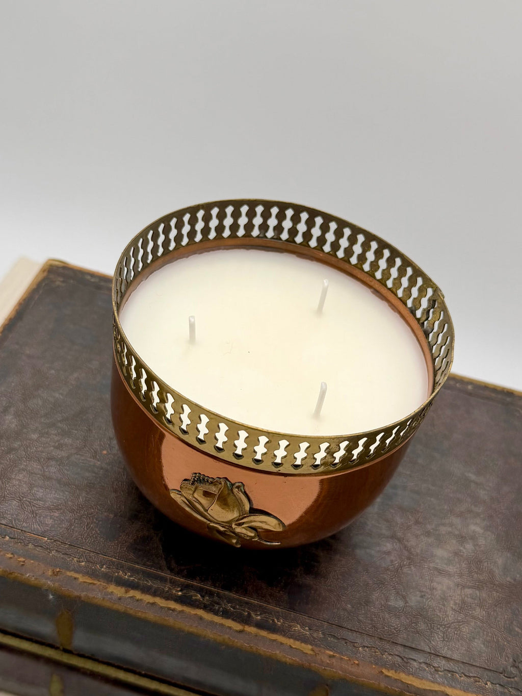 Vintage Copper Jardeniere with Pierced Brass Rim, Feet and Rose Detail