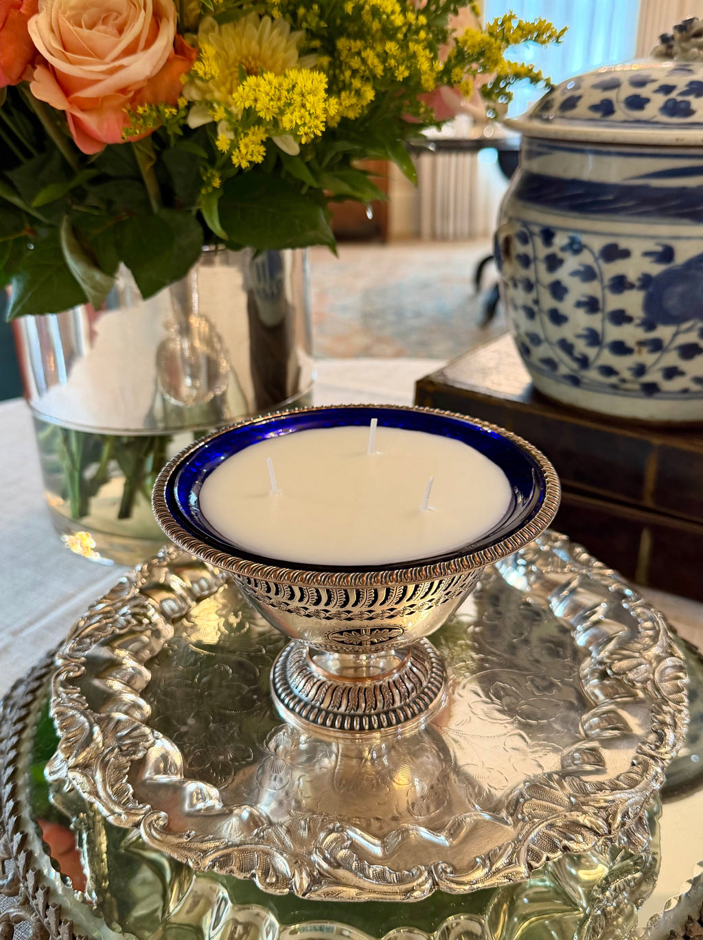 Vintage Barker Ellis Silver-Plated Pierced Pedestal Bowl with Cobalt Glass Liner - Made in England