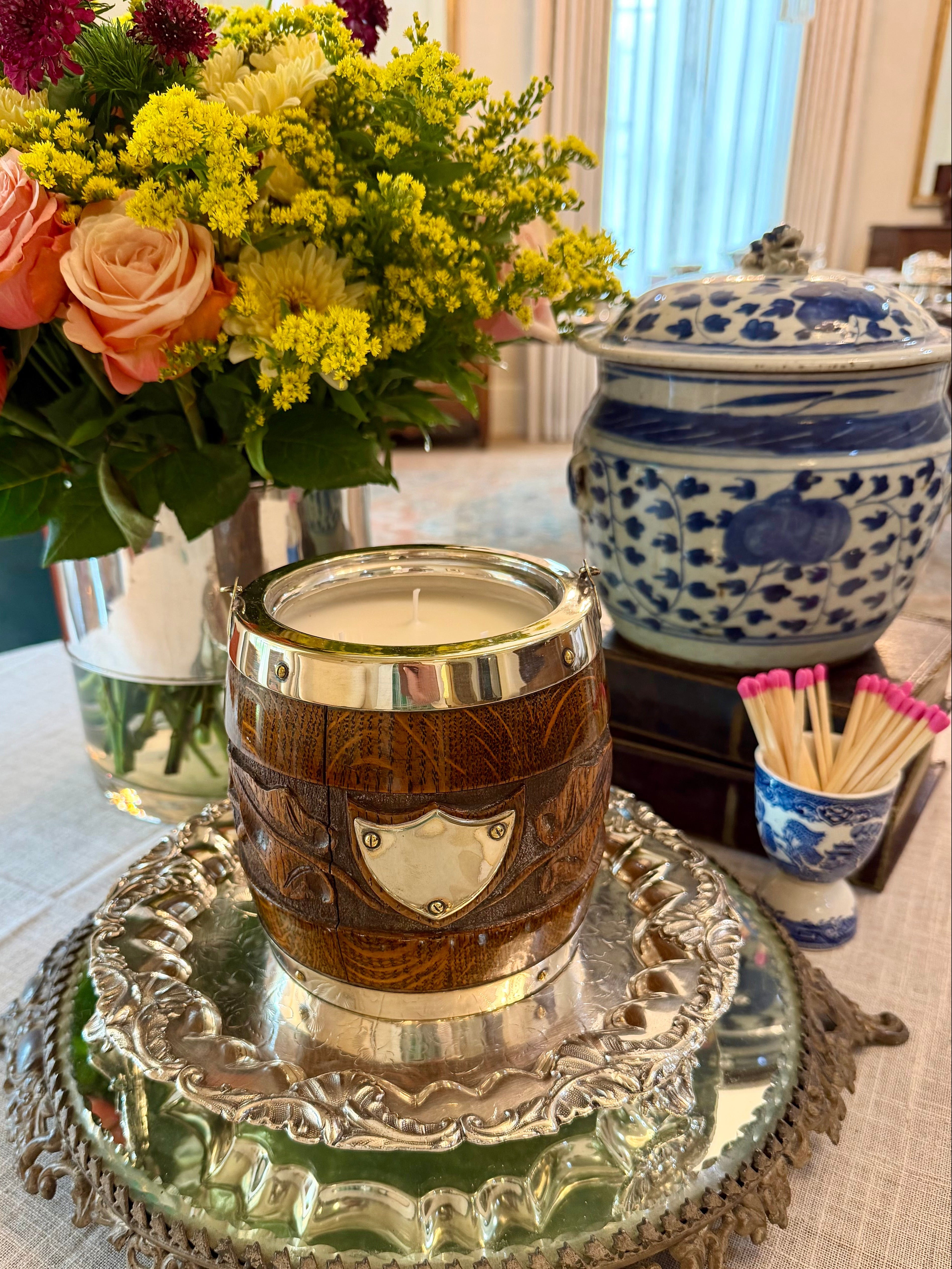 Antique Victorian Oak Hand-Carved Biscuit Barrel with Silver-Plated Shield and Lid
