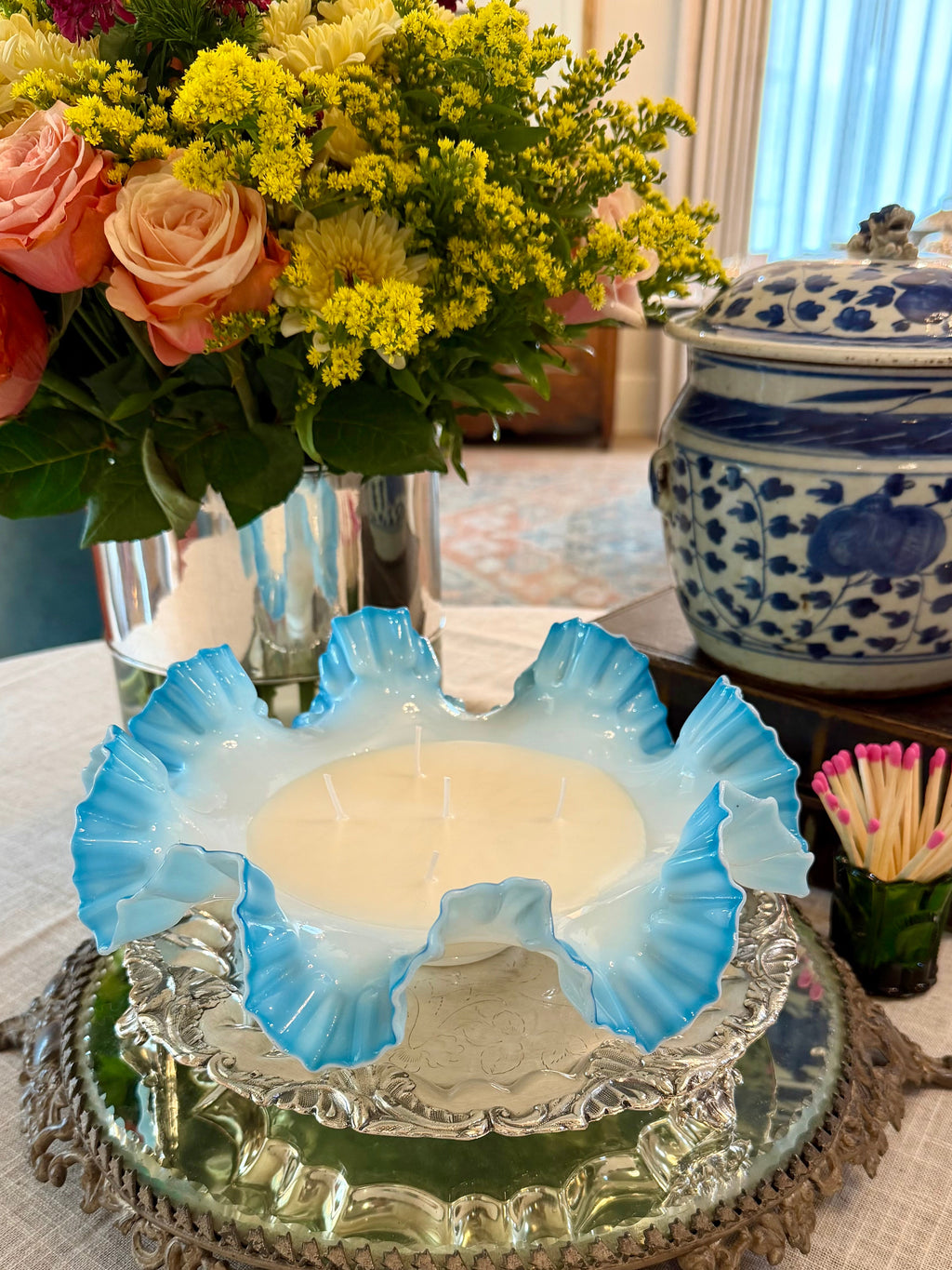 Vintage Fenton Blue Opalescent Bowl with Ruffled Edge
