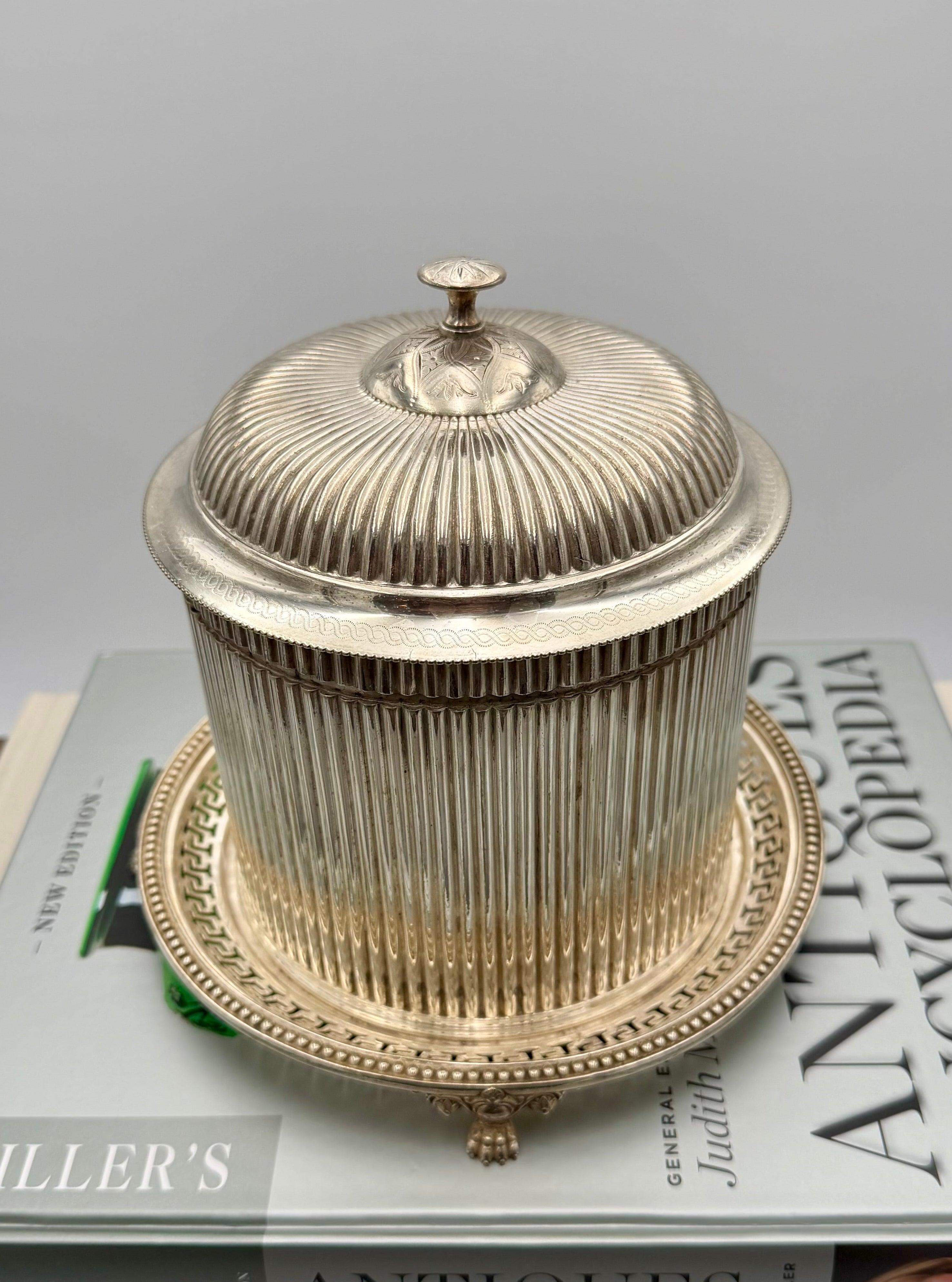 Antique Victorian Silver-Plated Biscuit Barrel of Reeded Cylindrical Form on a Pierced Circular Stand with Raised Paw Feet - Birmingham 1866 by Cartwright & Woodard