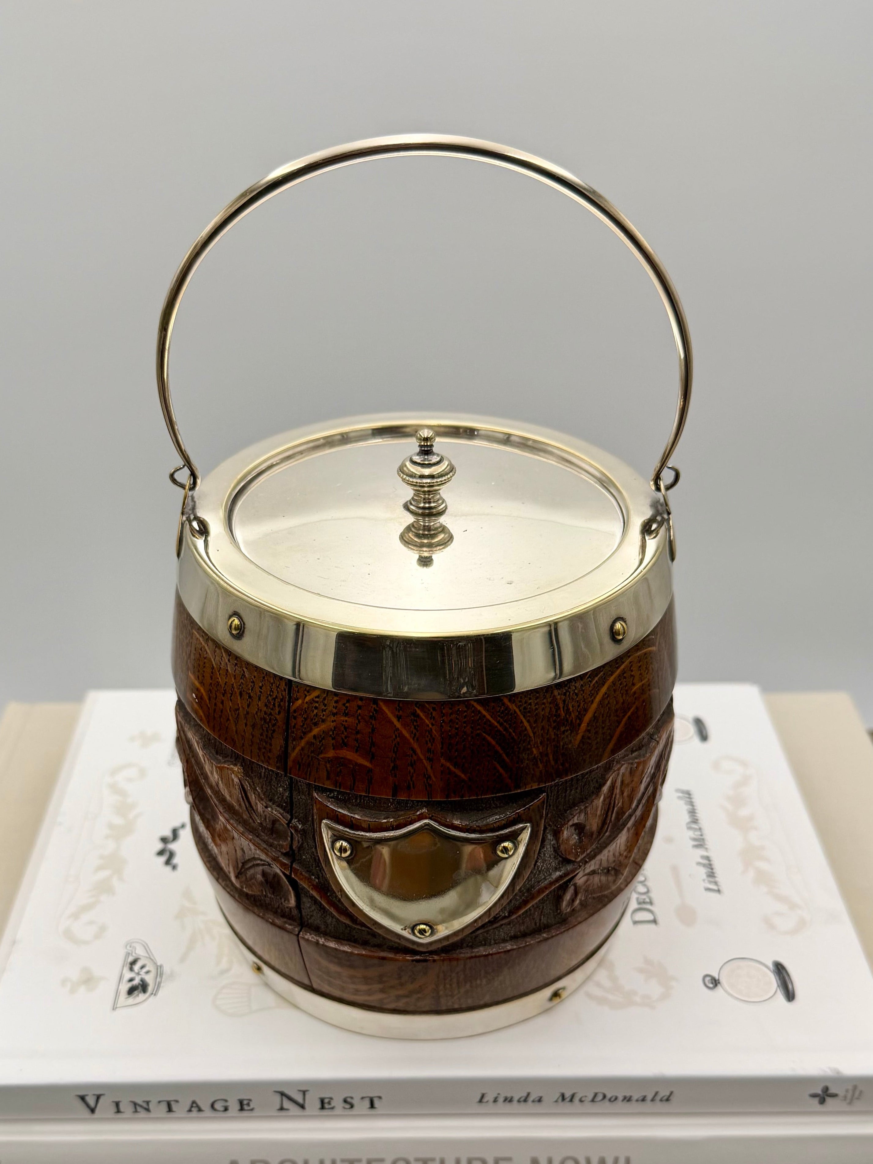 Antique Victorian Oak Hand-Carved Biscuit Barrel with Silver-Plated Shield and Lid