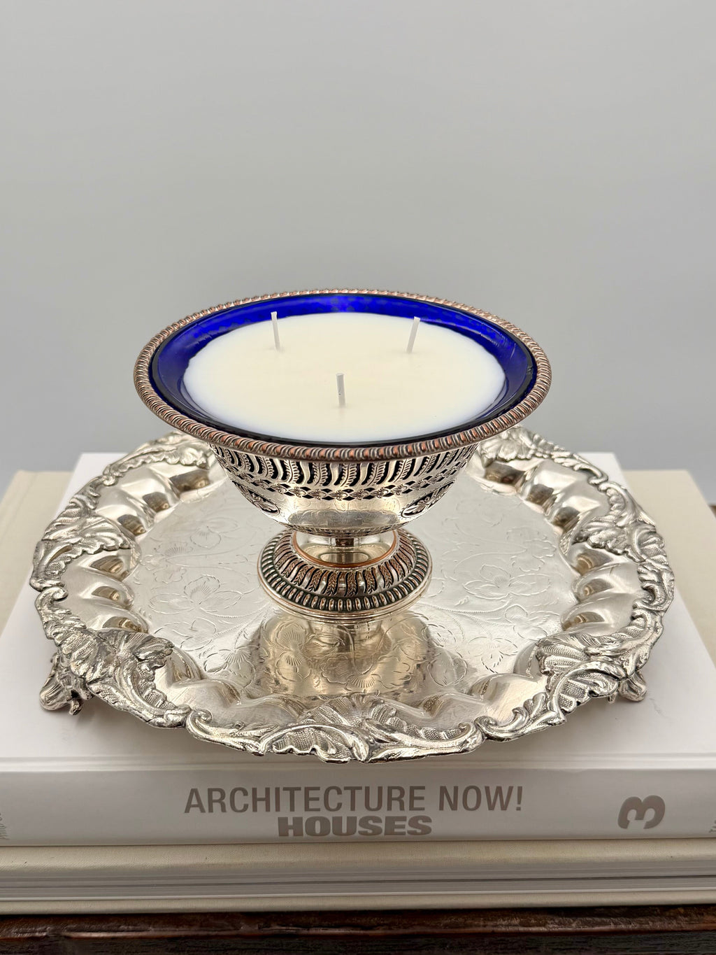 Vintage Barker Ellis Silver-Plated Pierced Pedestal Bowl with Cobalt Glass Liner - Made in England