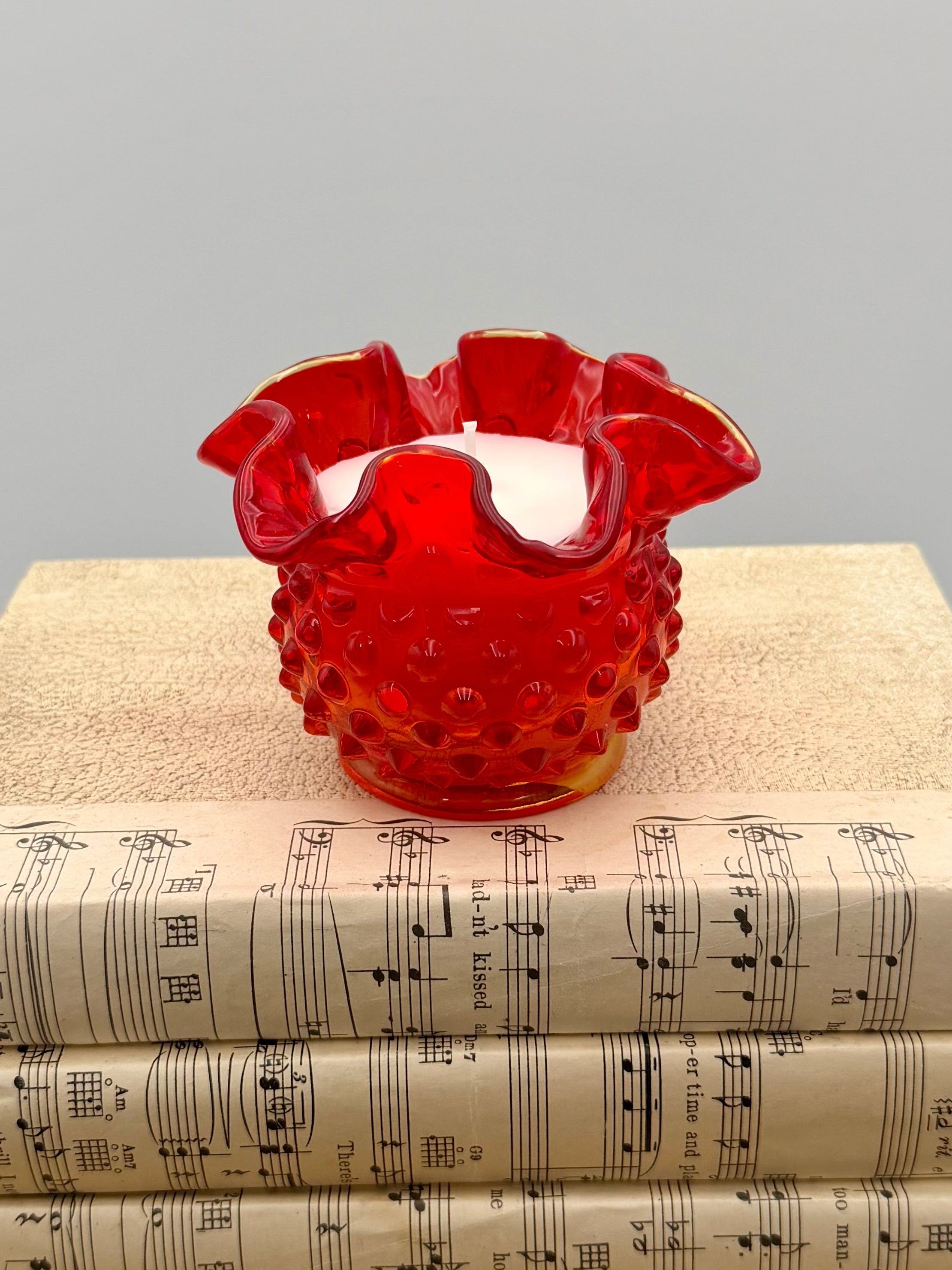 Vintage Fenton Opalescent Hobnail Ruffled Edge Vase in Amberina Red