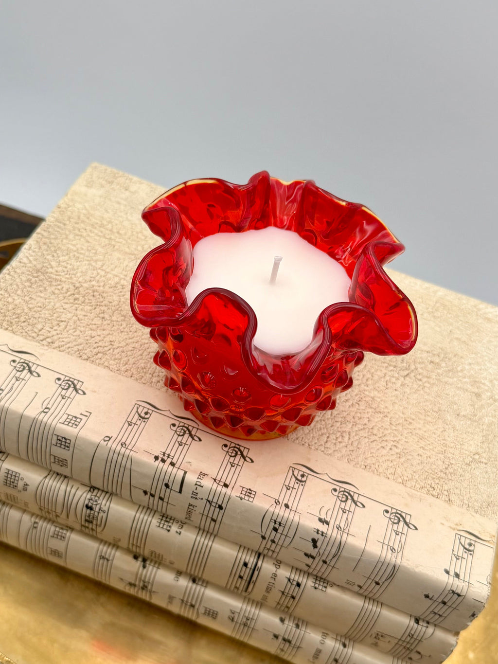 Vintage Fenton Opalescent Hobnail Ruffled Edge Vase in Amberina Red