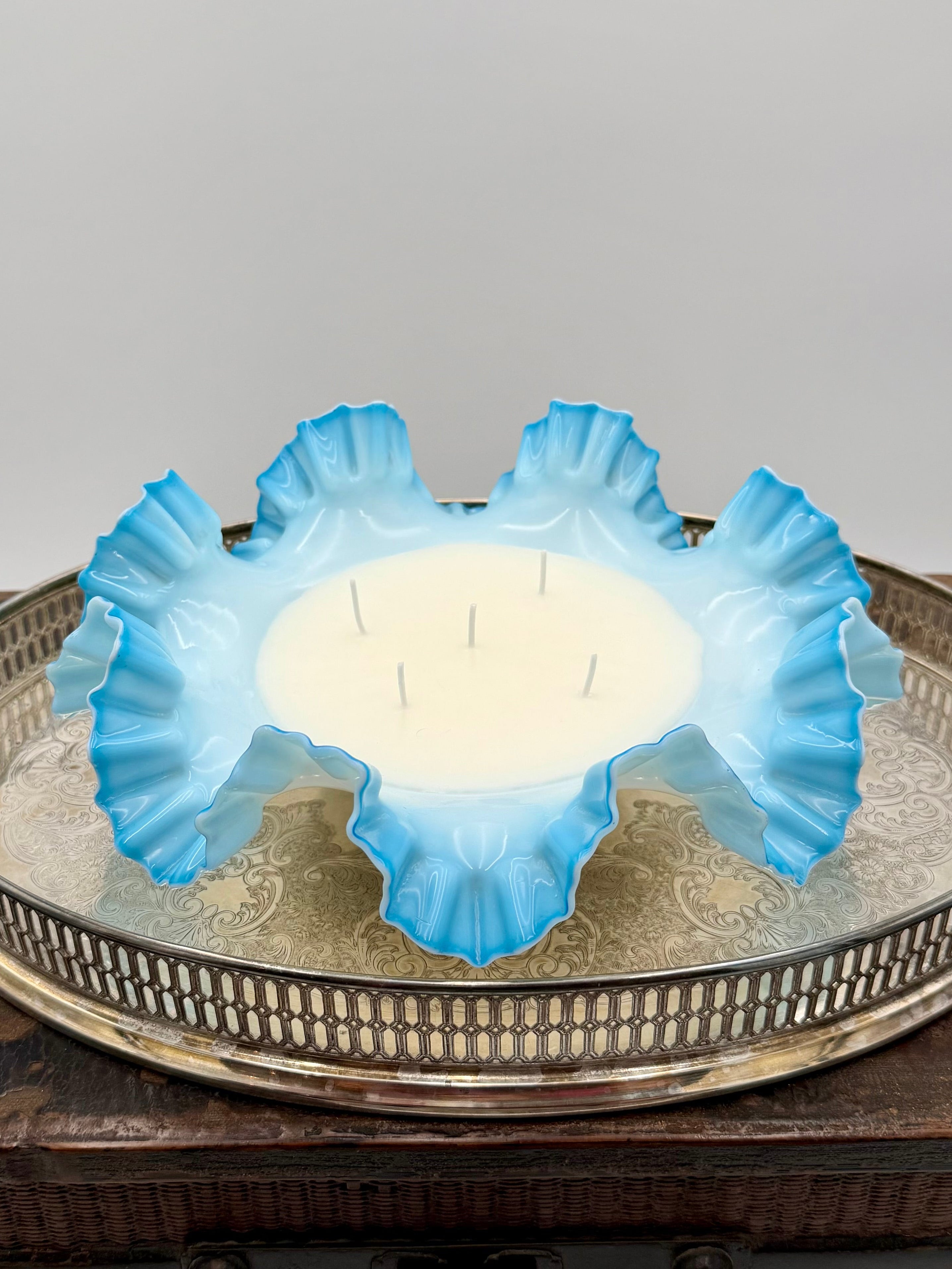 Vintage Fenton Blue Opalescent Bowl with Ruffled Edge