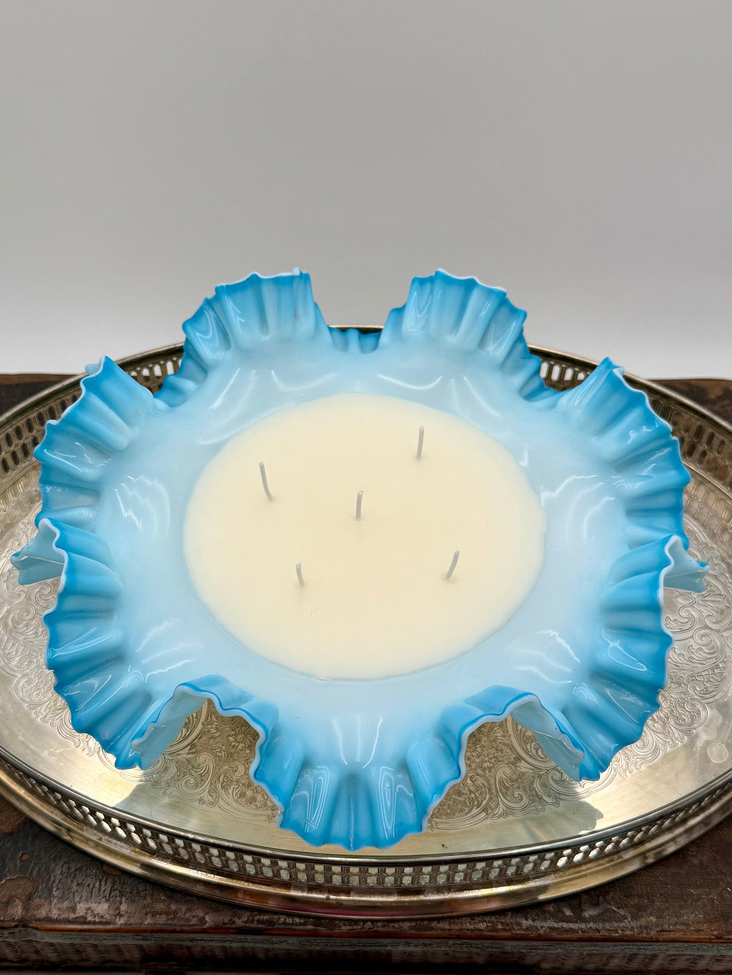 Vintage Fenton Blue Opalescent Bowl with Ruffled Edge