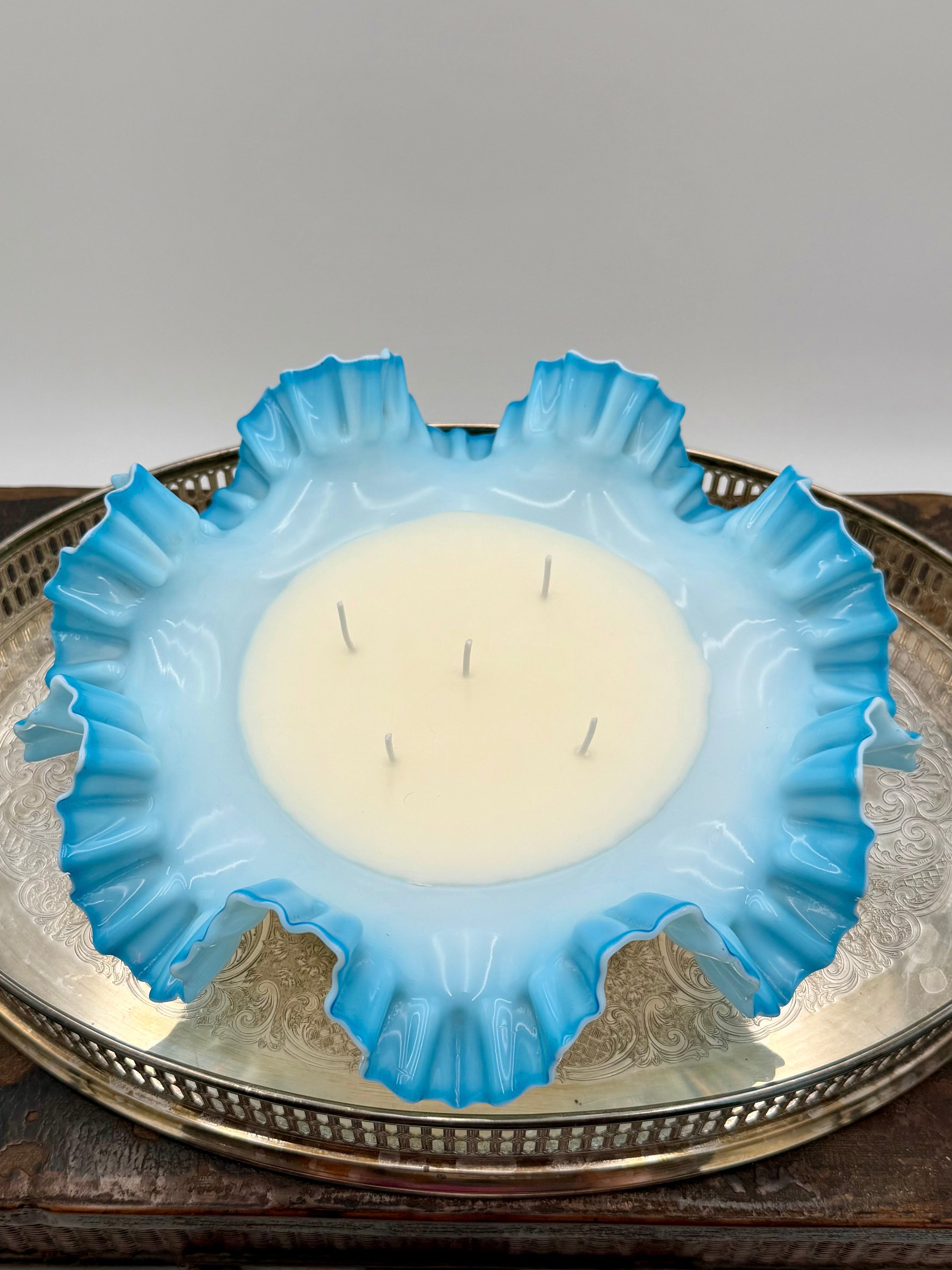 Vintage Fenton Blue Opalescent Bowl with Ruffled Edge