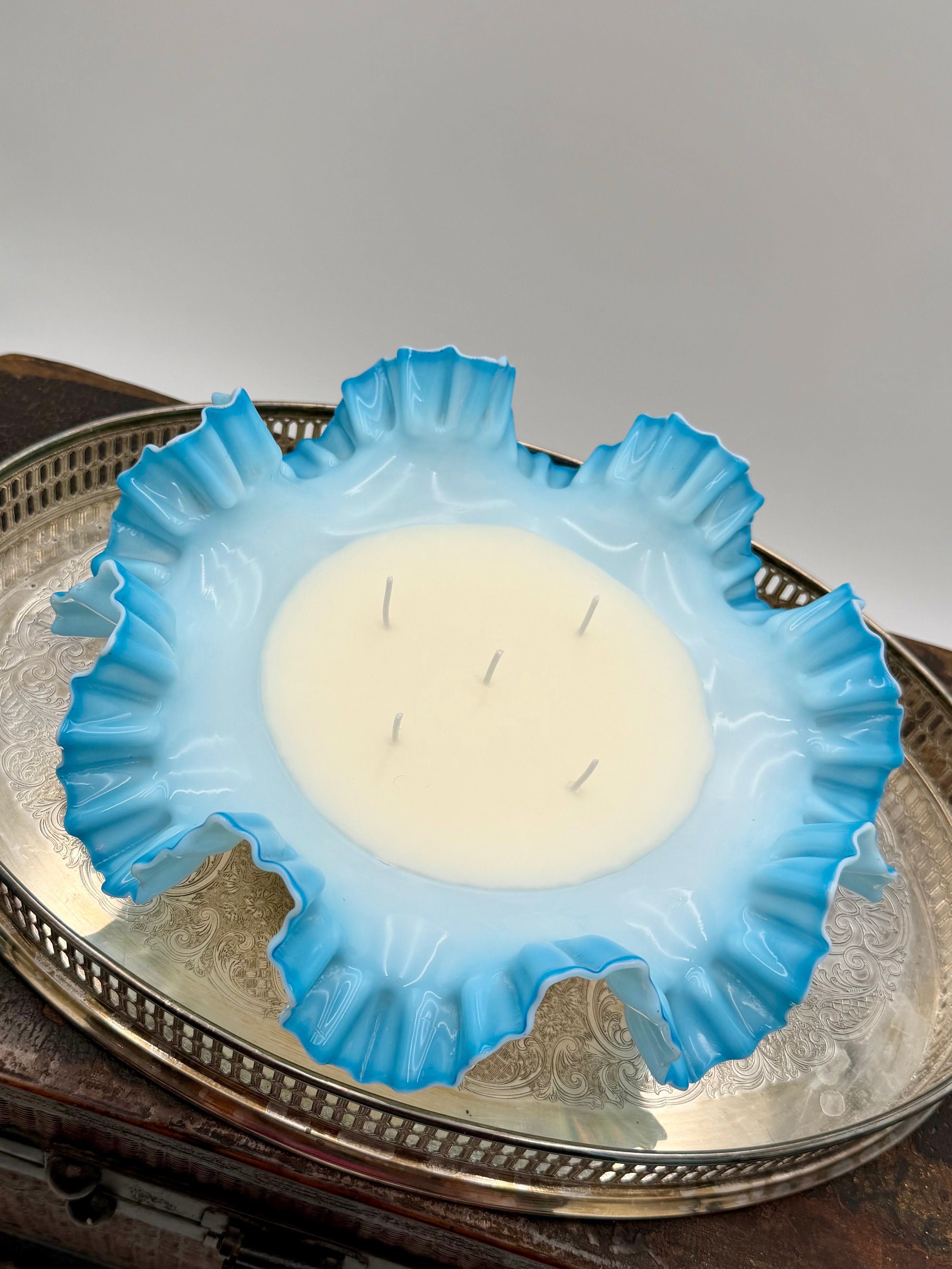 Vintage Fenton Blue Opalescent Bowl with Ruffled Edge