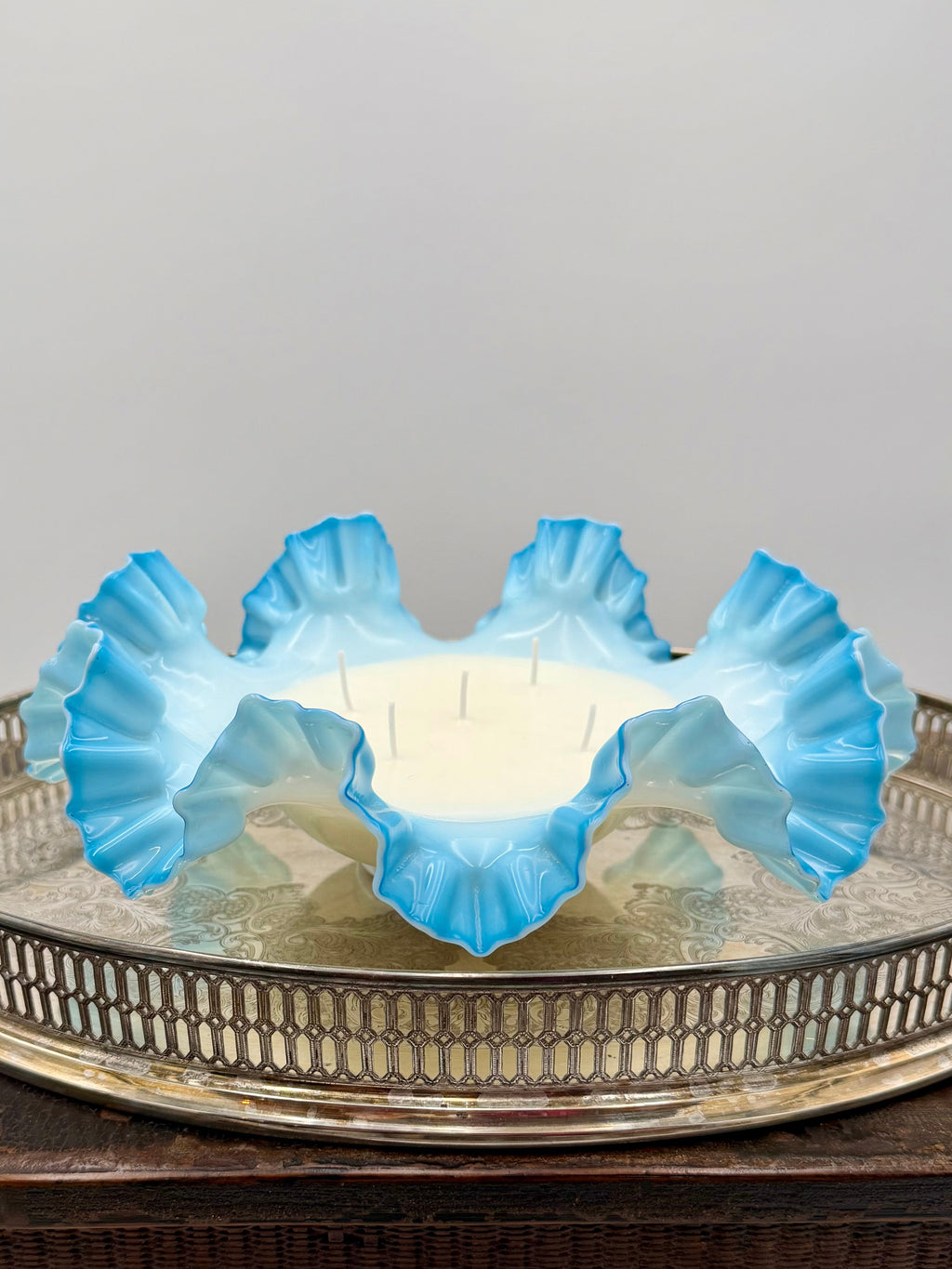 Vintage Fenton Blue Opalescent Bowl with Ruffled Edge
