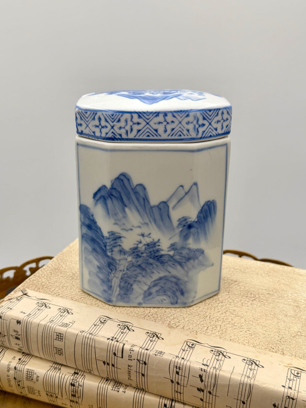 Vintage Blue and White Porcelain Lidded Ginger Jar