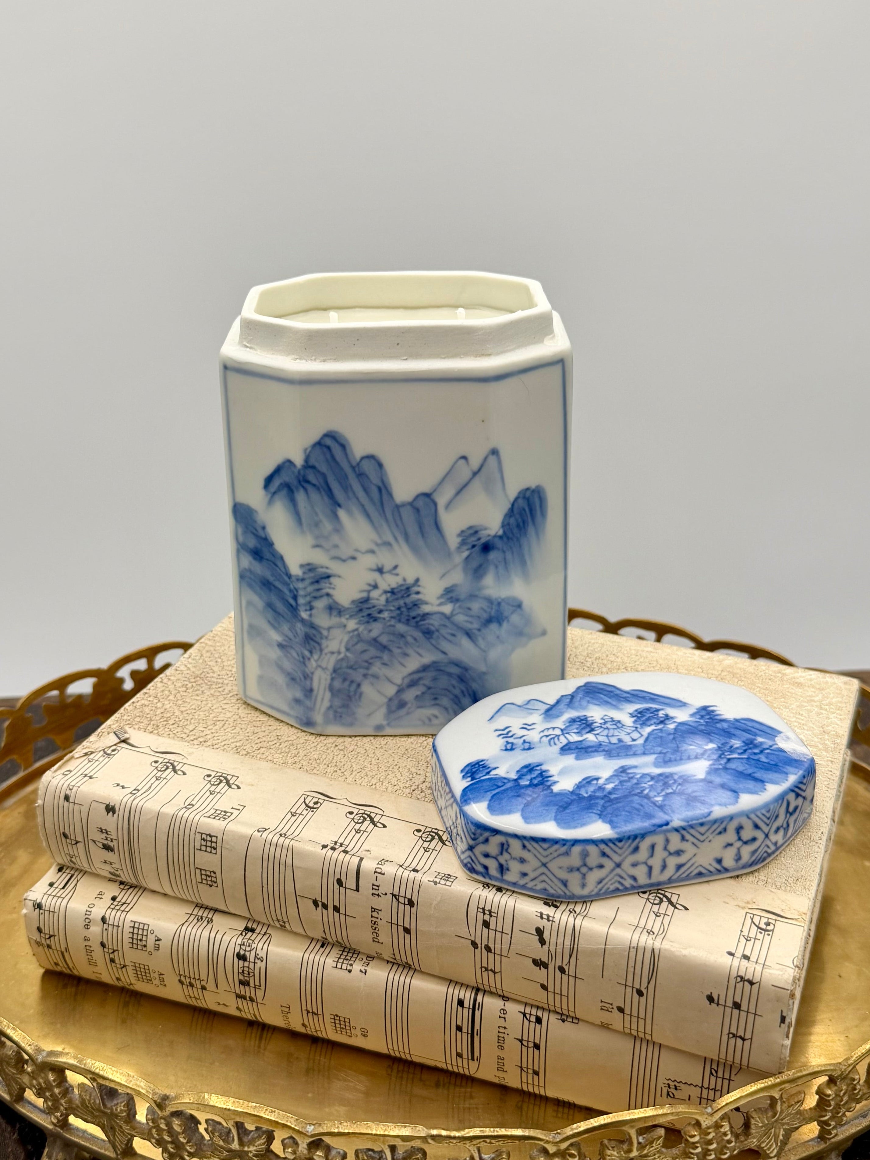 Vintage Blue and White Porcelain Lidded Ginger Jar