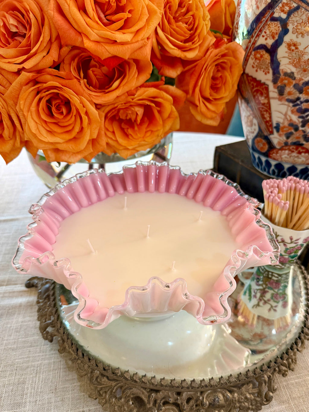 Vintage Fenton Pink and White Silver Crest Bowl with a Ruffled Edge