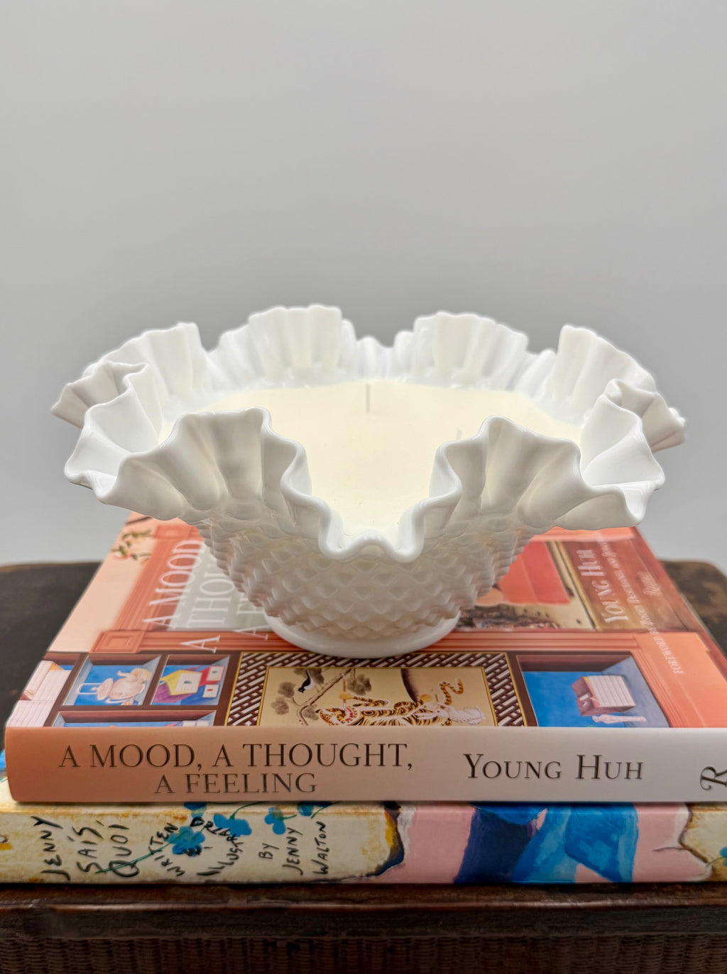 Vintage Fenton Art Glass Hobnail Milk Glass Bowl with a Ruffled Edge