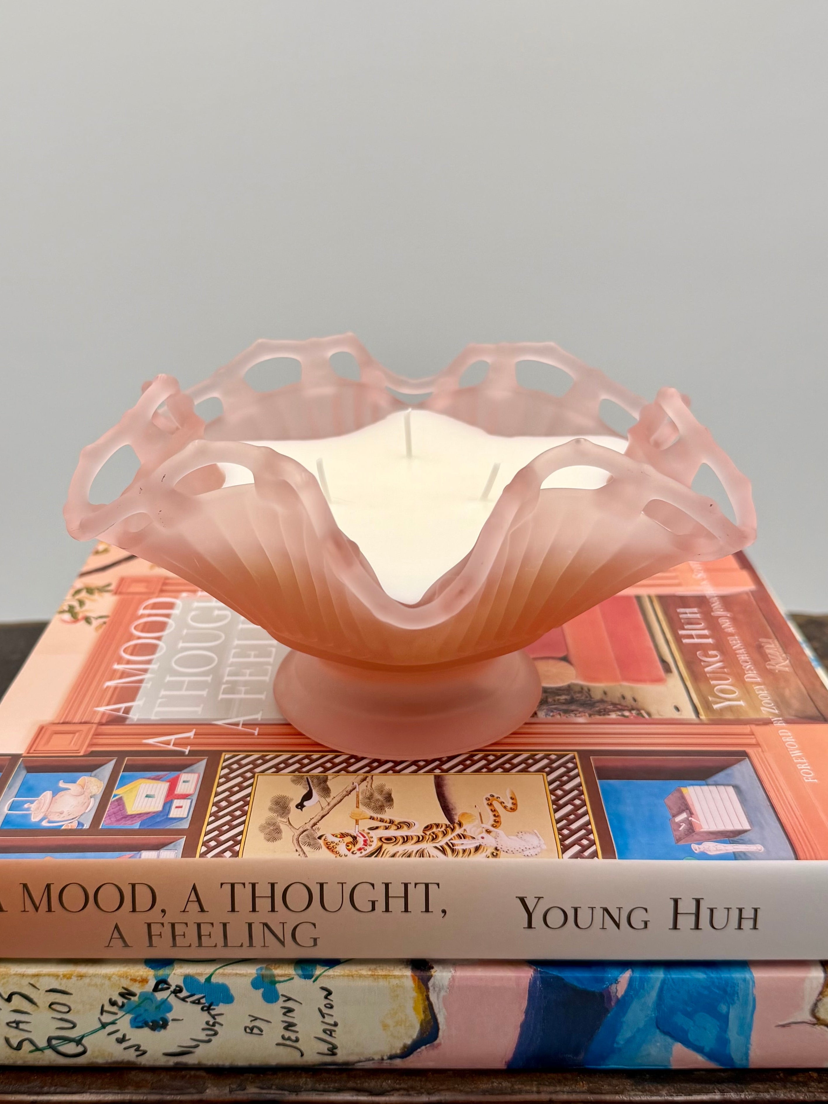 Vintage Westmoreland Frosted Pink Satin Open Laced Ruffled Footed Bowl