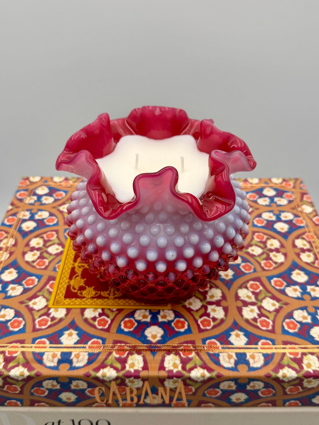 Vintage Fenton Cranberry Opalescent Hobnail Vase with Ruffled Edge