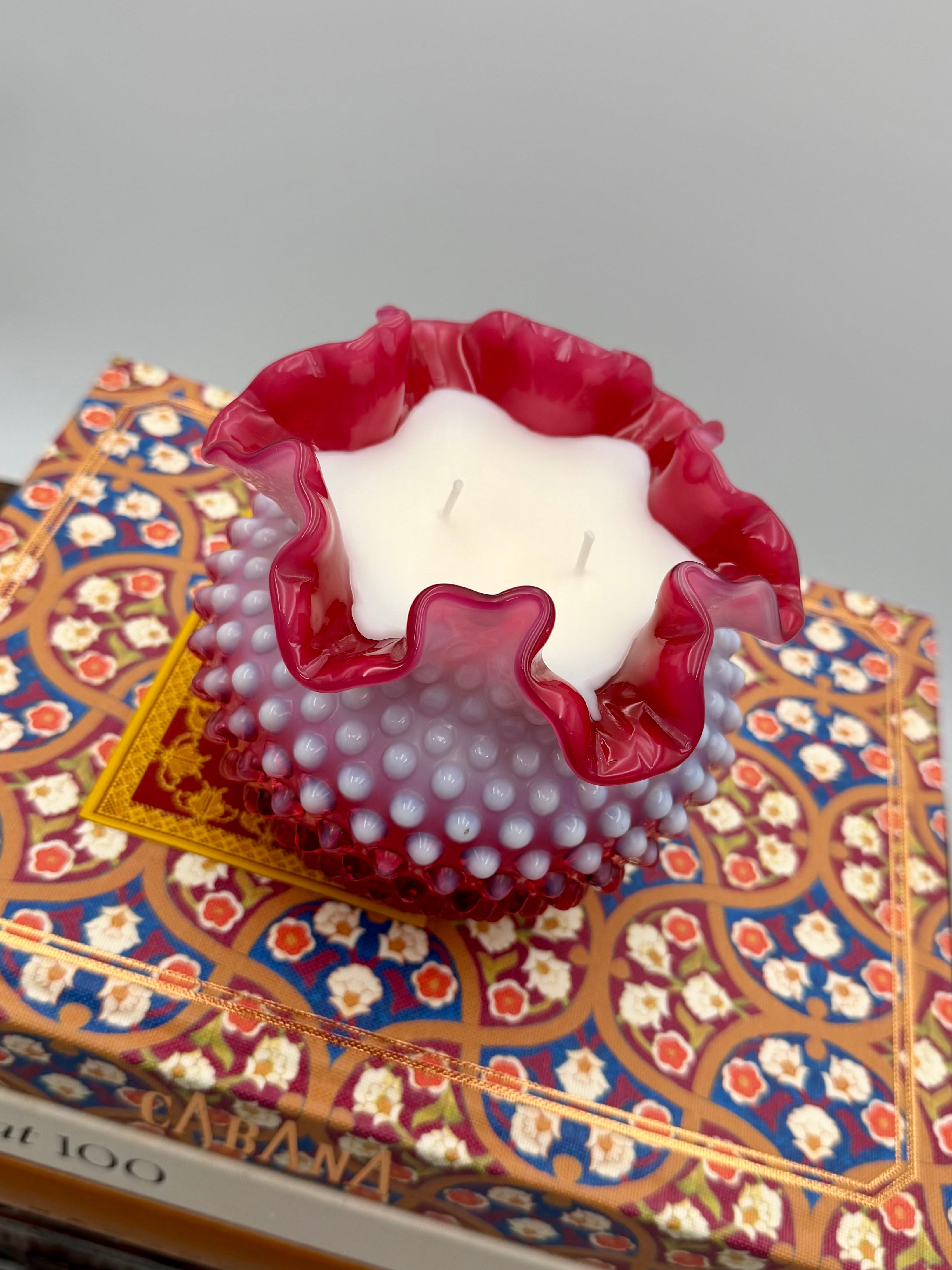 Vintage Fenton Cranberry Opalescent Hobnail Vase with Ruffled Edge