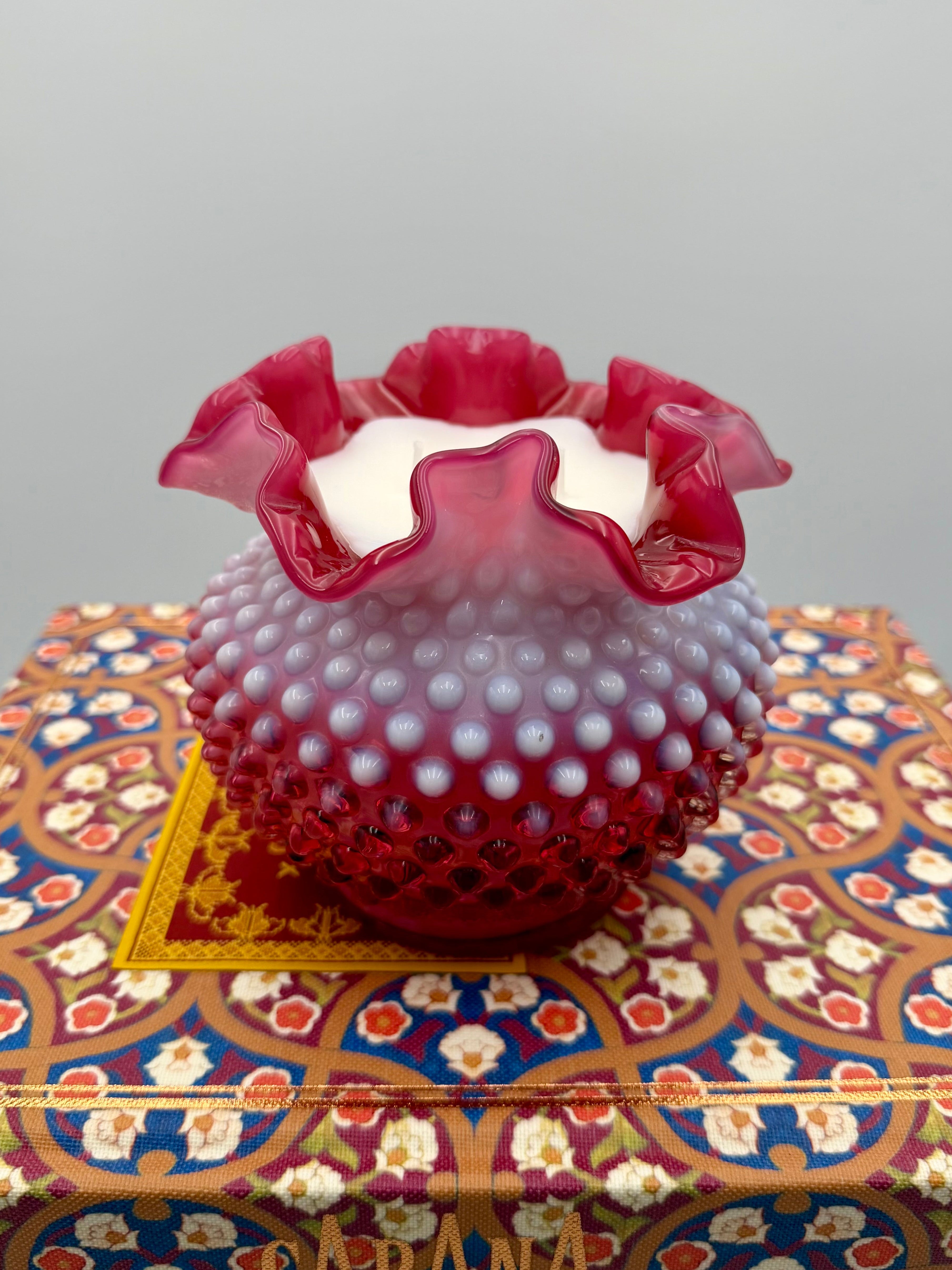 Vintage Fenton Cranberry Opalescent Hobnail Vase with Ruffled Edge